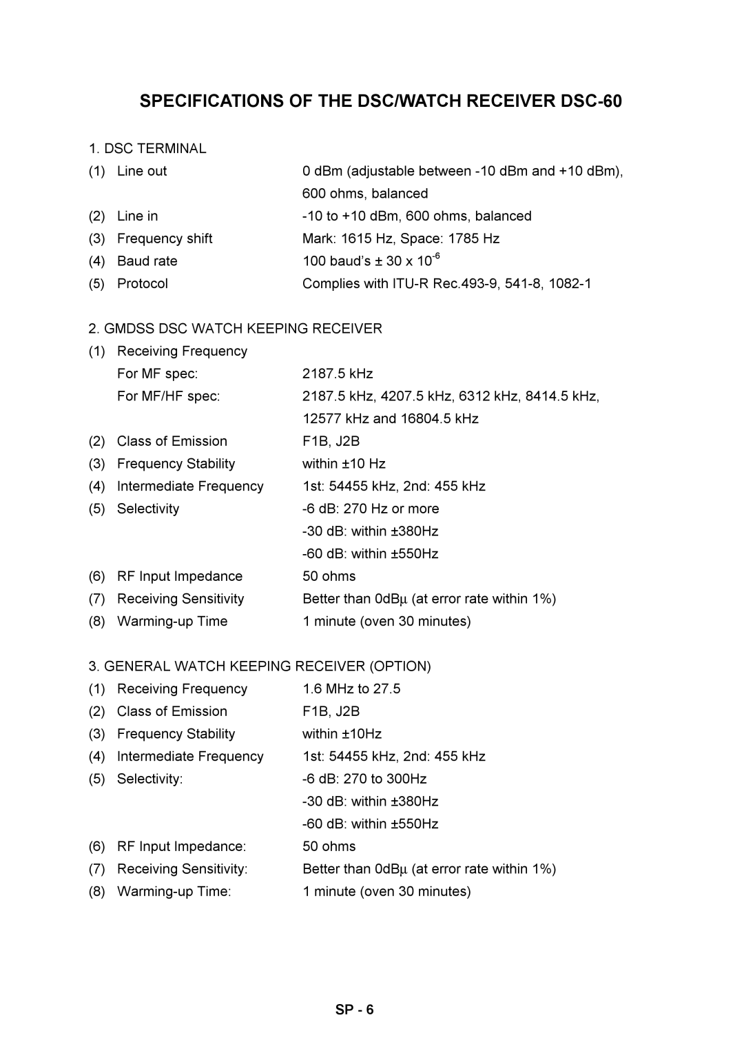 Furuno RC-1500-1T manual Specifications of the DSC/WATCH Receiver DSC-60 