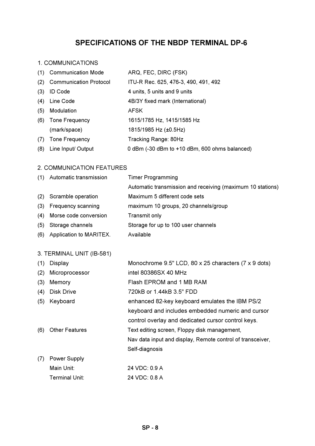 Furuno RC-1500-1T manual Specifications of the Nbdp Terminal DP-6 