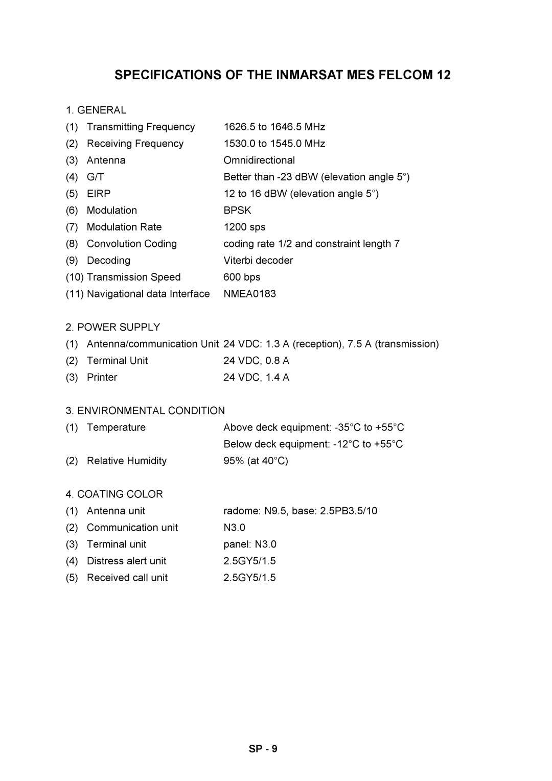 Furuno RC-1500-1T manual Specifications of the Inmarsat MES Felcom 