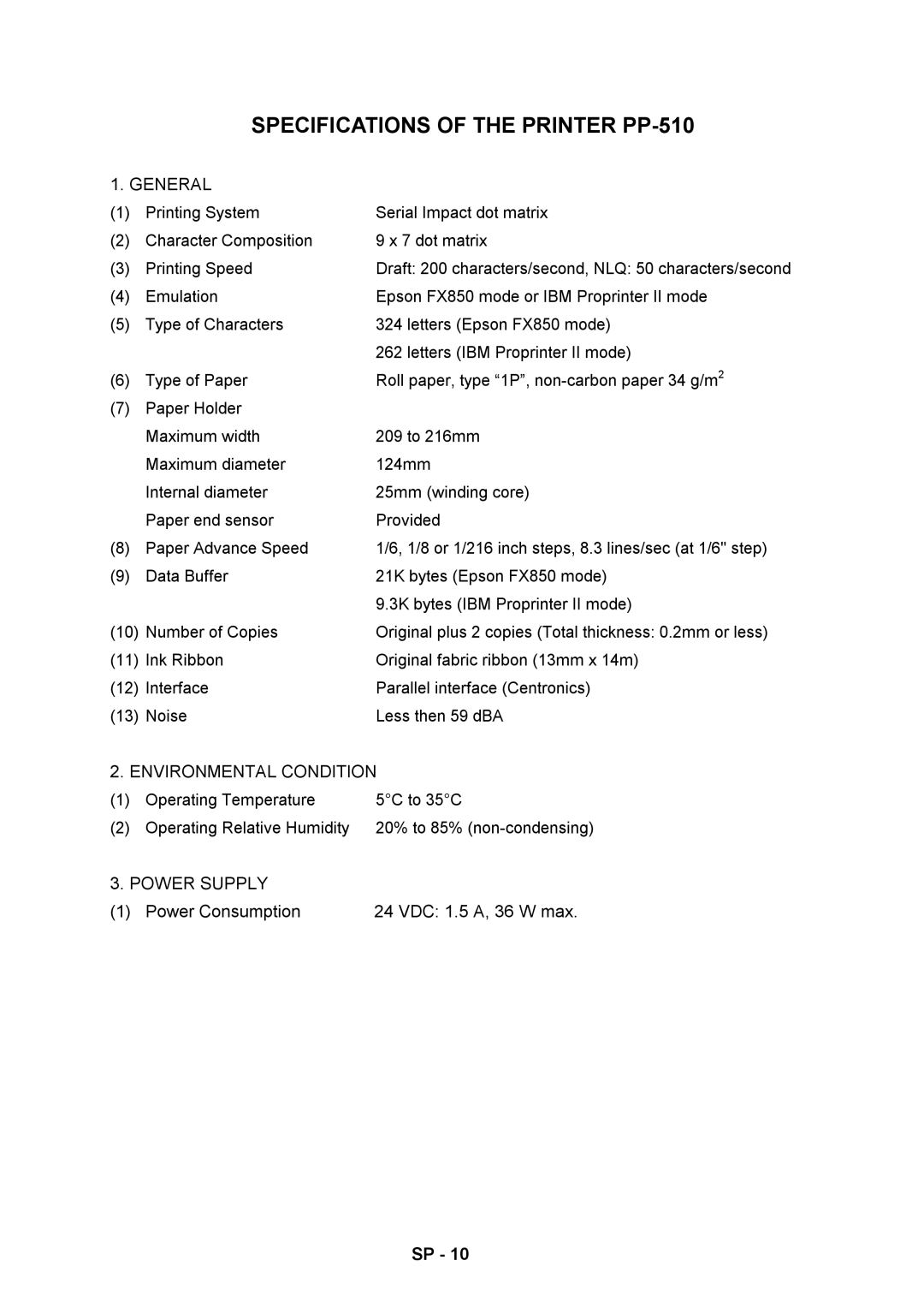 Furuno RC-1500-1T manual Specifications of the Printer PP-510 