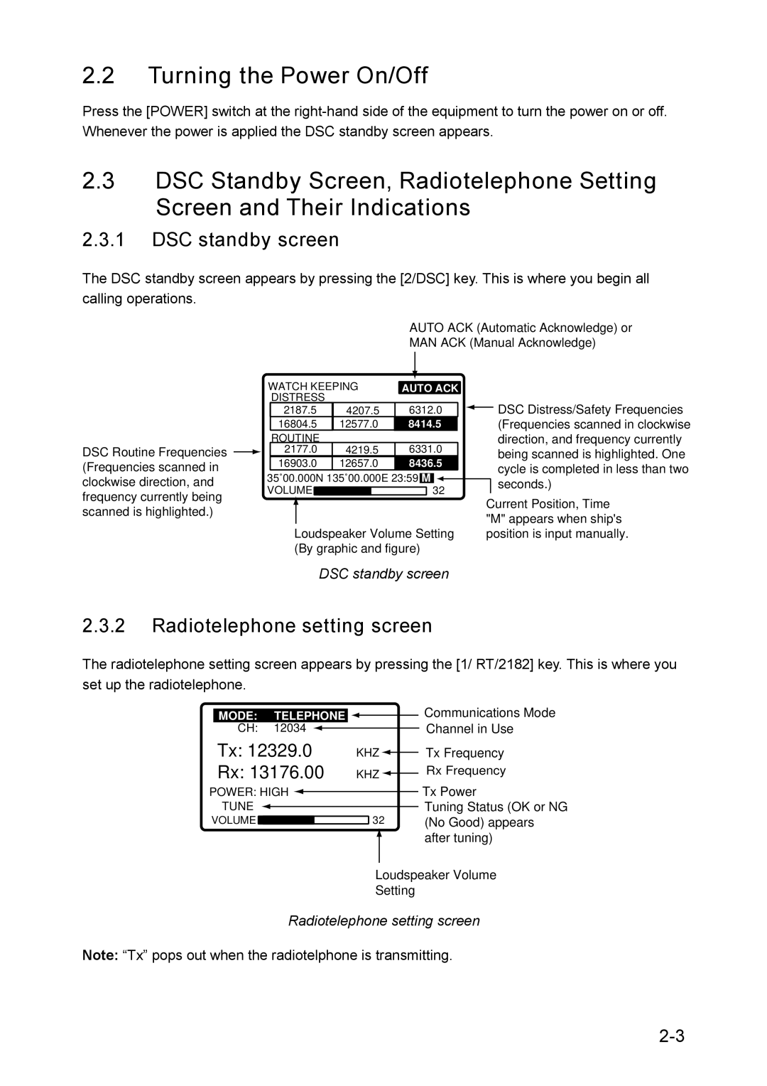 Furuno RC-1500-1T manual Turning the Power On/Off, DSC standby screen, Radiotelephone setting screen 