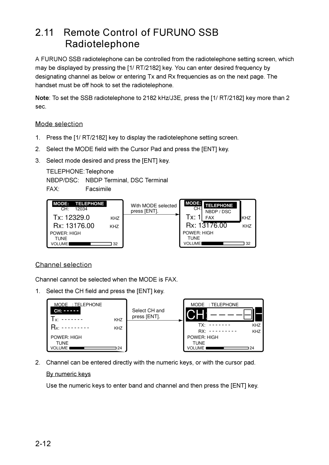 Furuno RC-1500-1T manual Remote Control of Furuno SSB Radiotelephone, Mode selection, Channel selection 