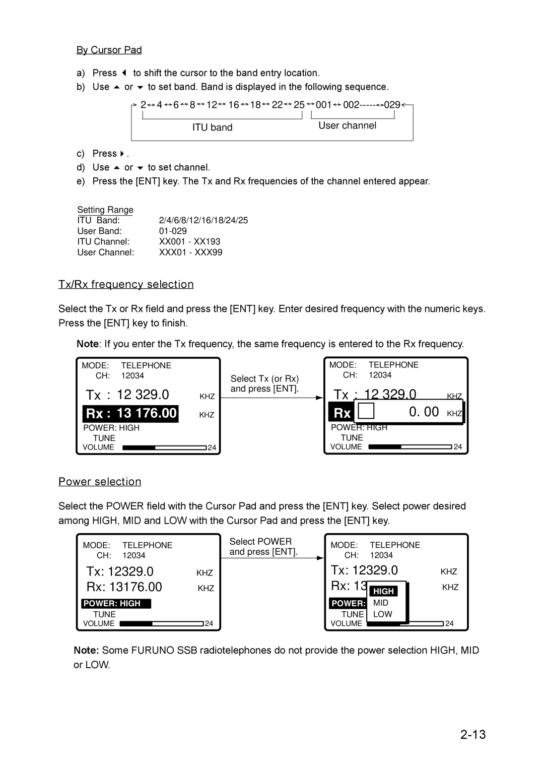 Furuno RC-1500-1T manual Tx/Rx frequency selection, Power selection 