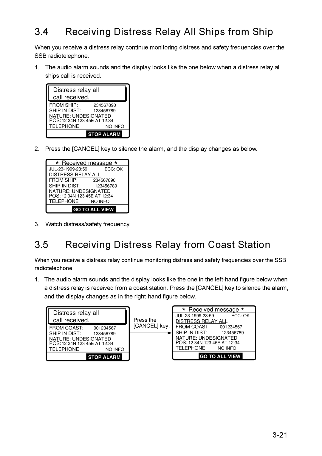 Furuno RC-1500-1T manual Receiving Distress Relay All Ships from Ship, Receiving Distress Relay from Coast Station 