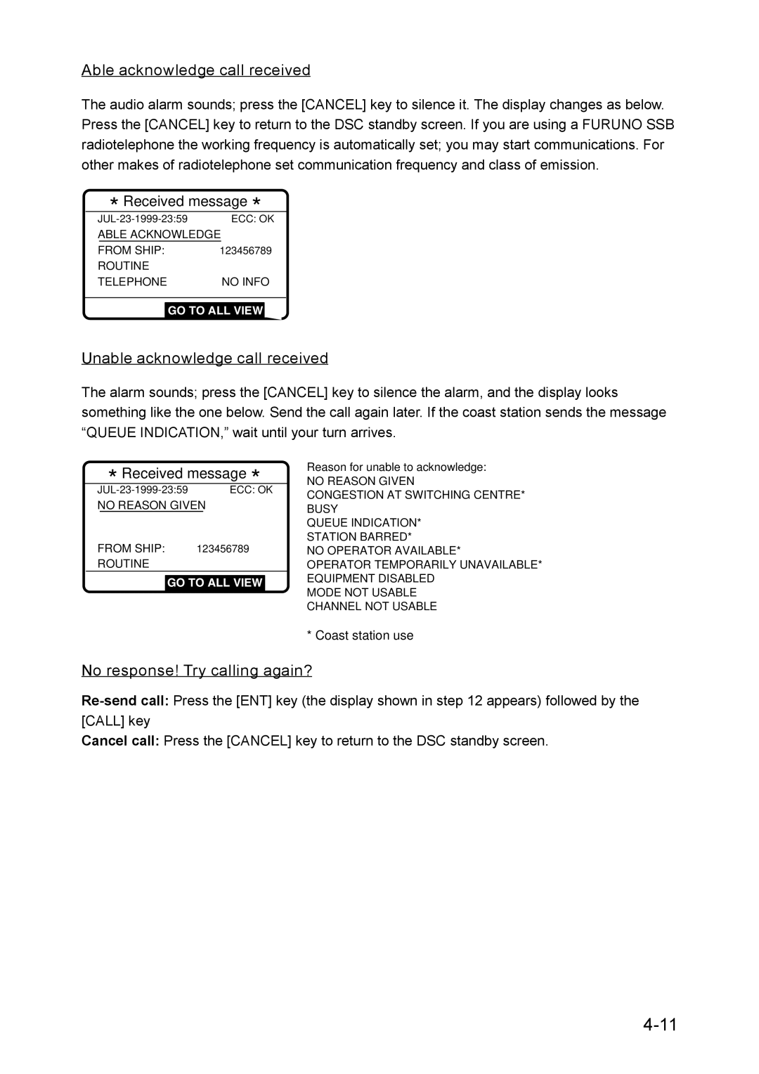 Furuno RC-1500-1T manual Able acknowledge call received, Unable acknowledge call received, No response! Try calling again? 