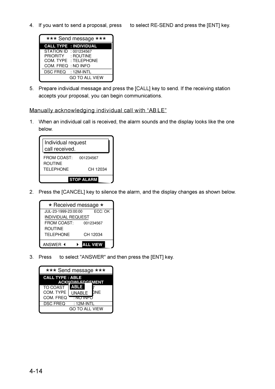 Furuno RC-1500-1T manual Manually acknowledging individual call with AB LE, Call Type Individual 