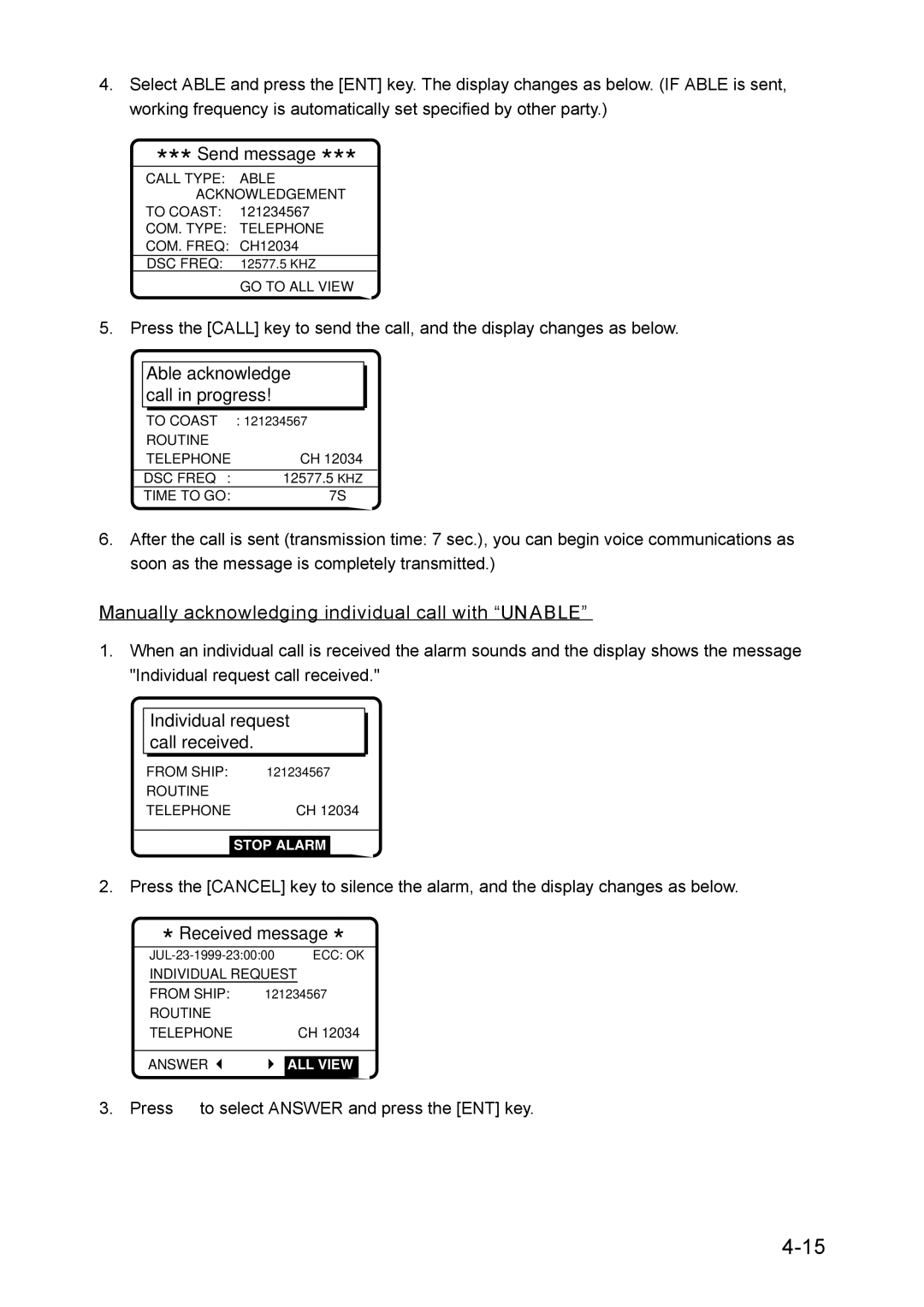 Furuno RC-1500-1T manual Manually acknowledging individual call with Unable 