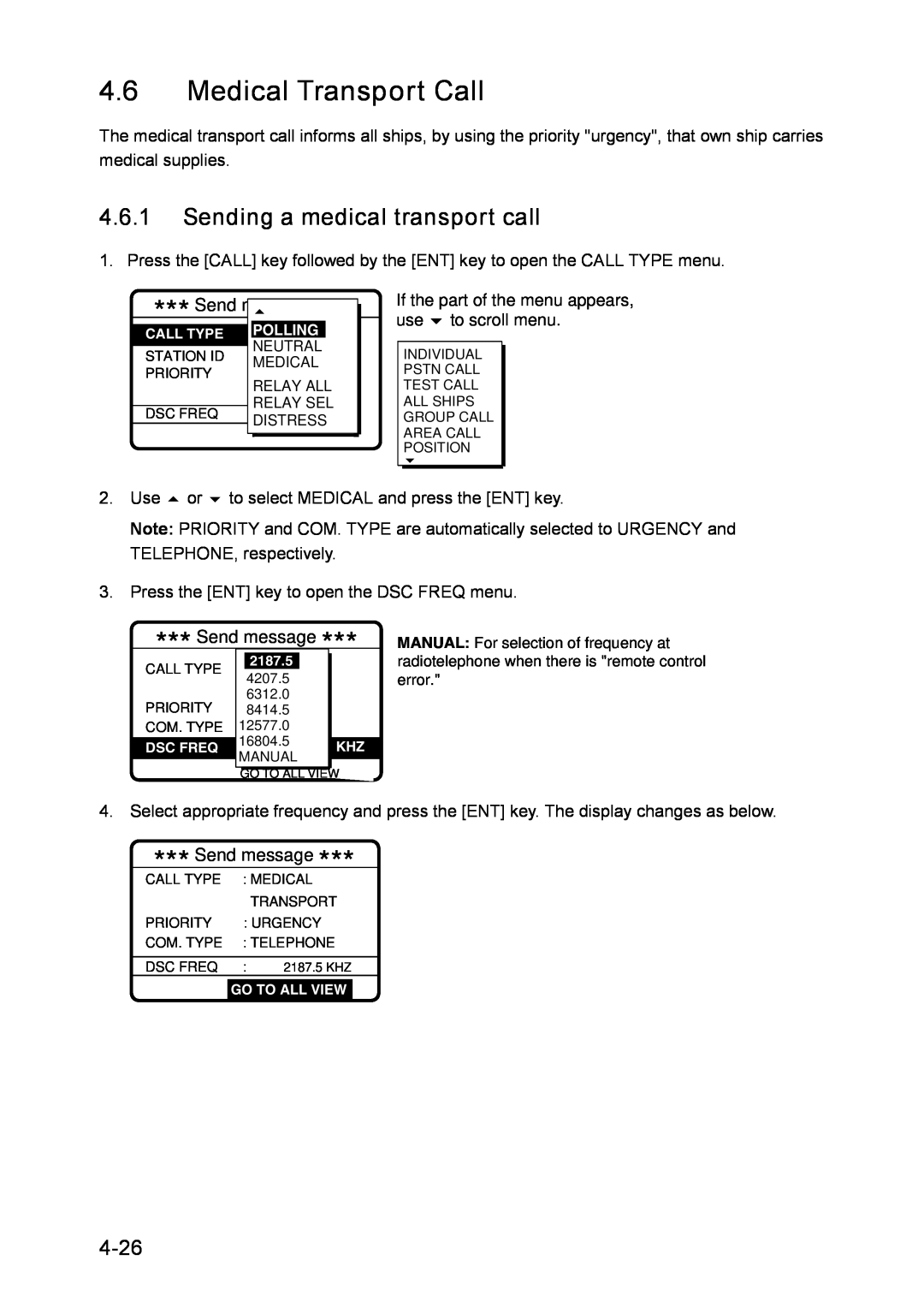 Furuno RC-1500-1T manual Medical Transport Call, Sending a medical transport call, 4-26 