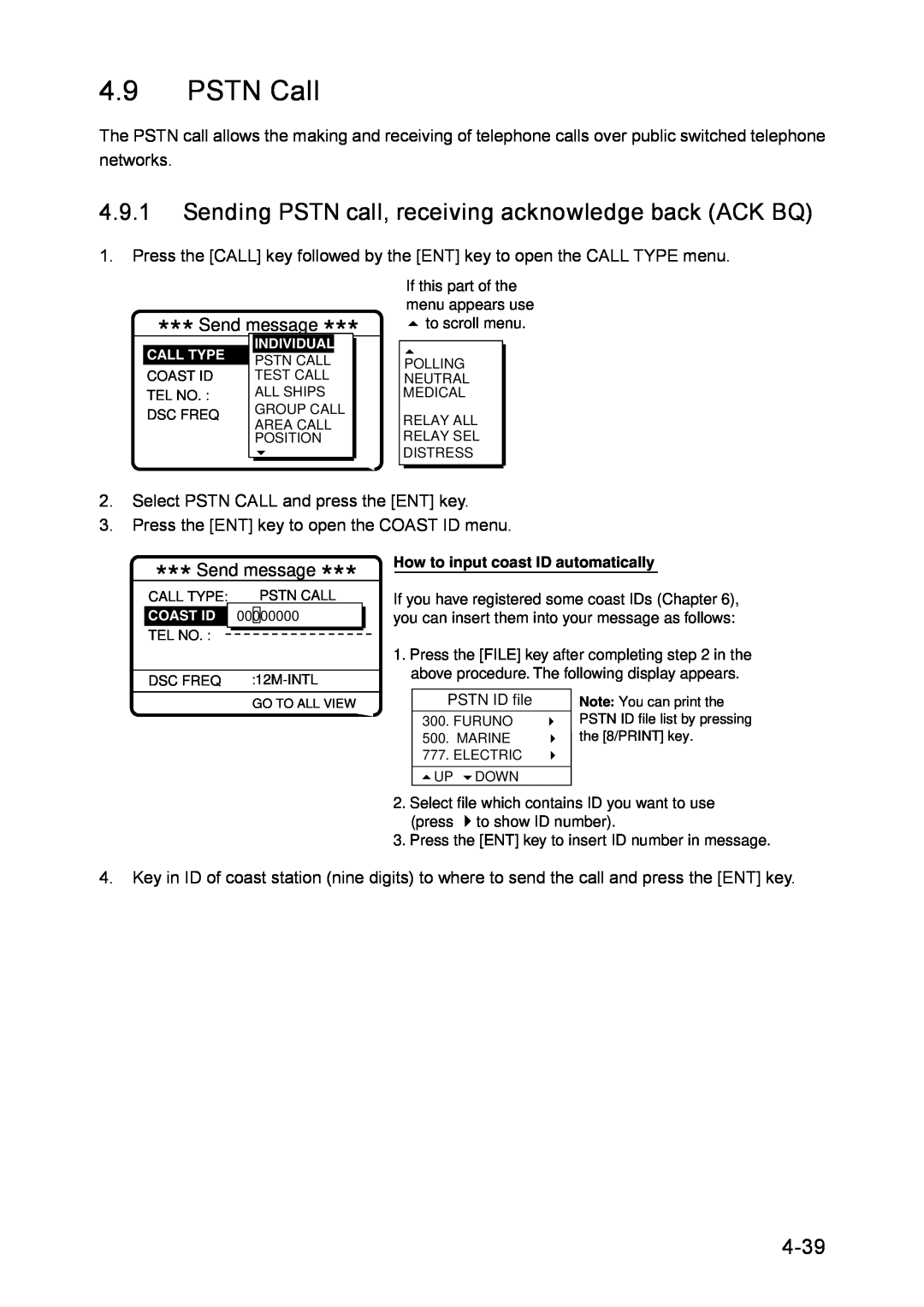 Furuno RC-1500-1T manual PSTN Call, Sending PSTN call, receiving acknowledge back ACK BQ, 4-39 