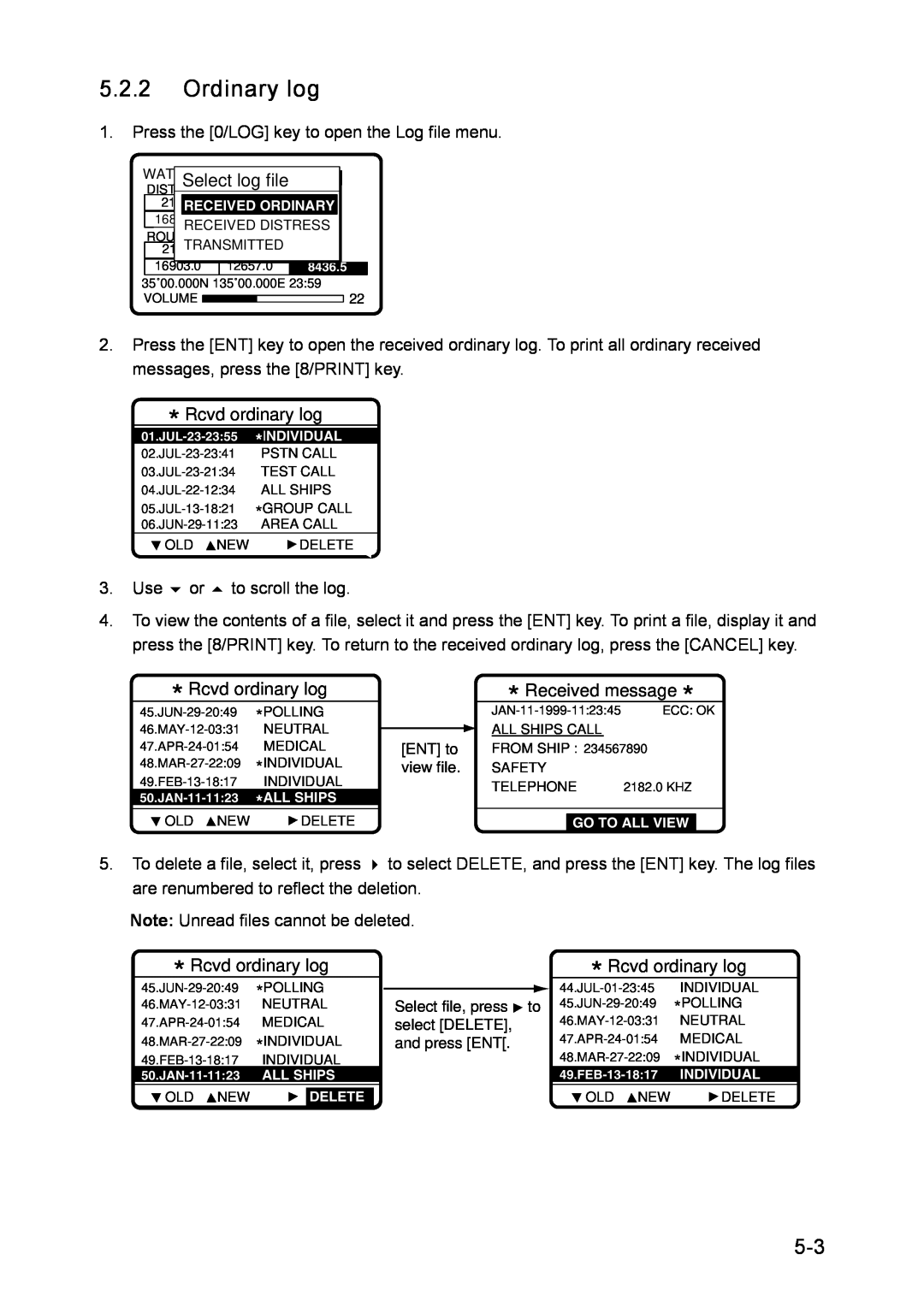 Furuno RC-1500-1T manual Ordinary log, DIST Select log file, Rcvd ordinary log, Received message 