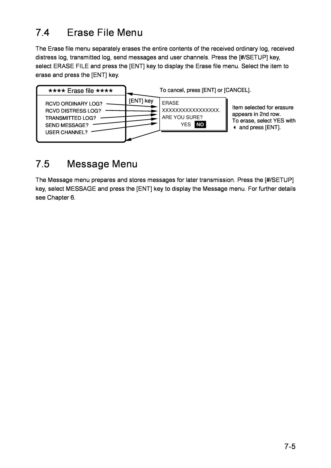 Furuno RC-1500-1T manual Erase File Menu, Message Menu, Erase file 