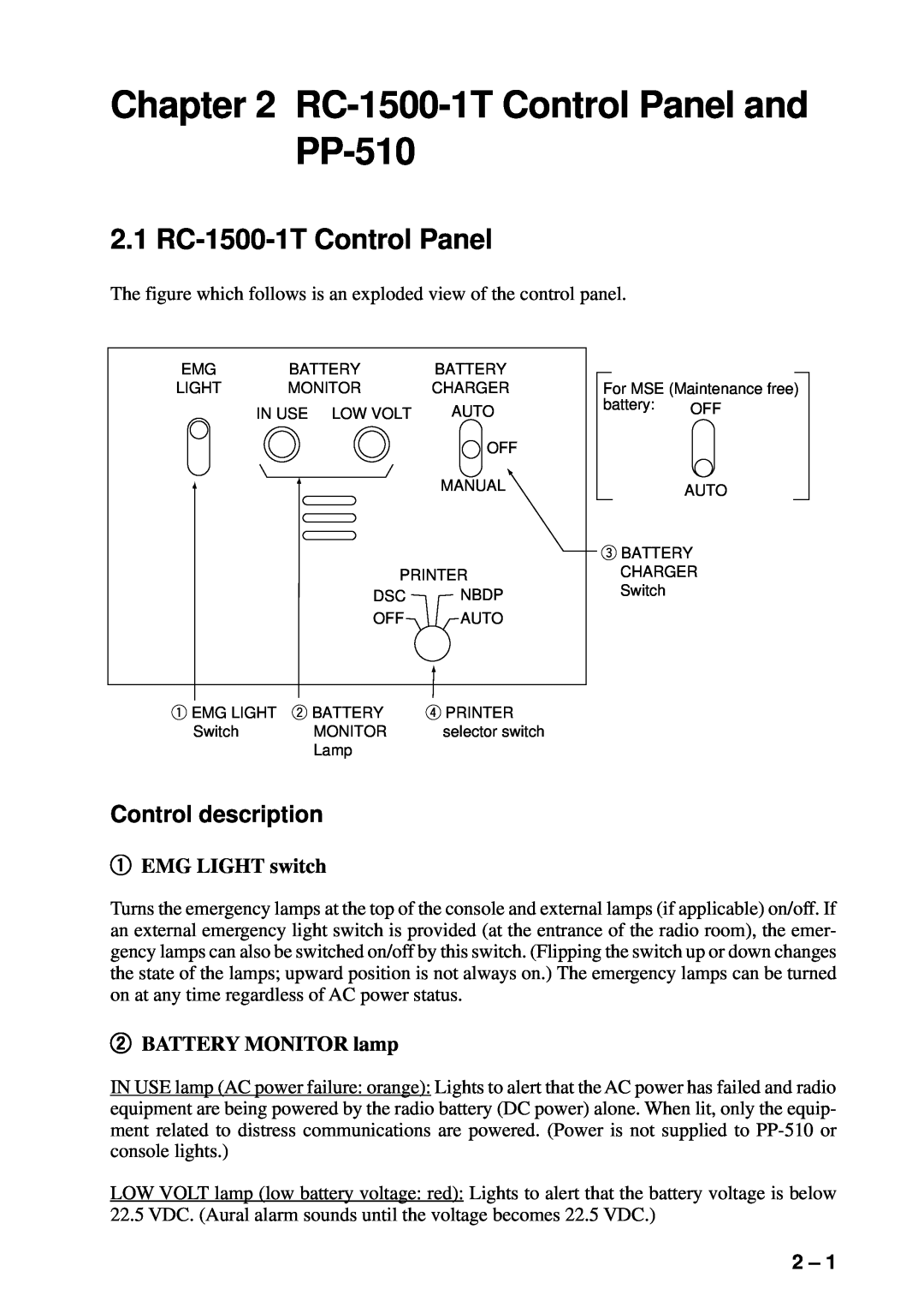 Furuno manual RC-1500-1T Control Panel and PP-510, 2.1 RC-1500-1T Control Panel, Control description, EMG LIGHT switch 