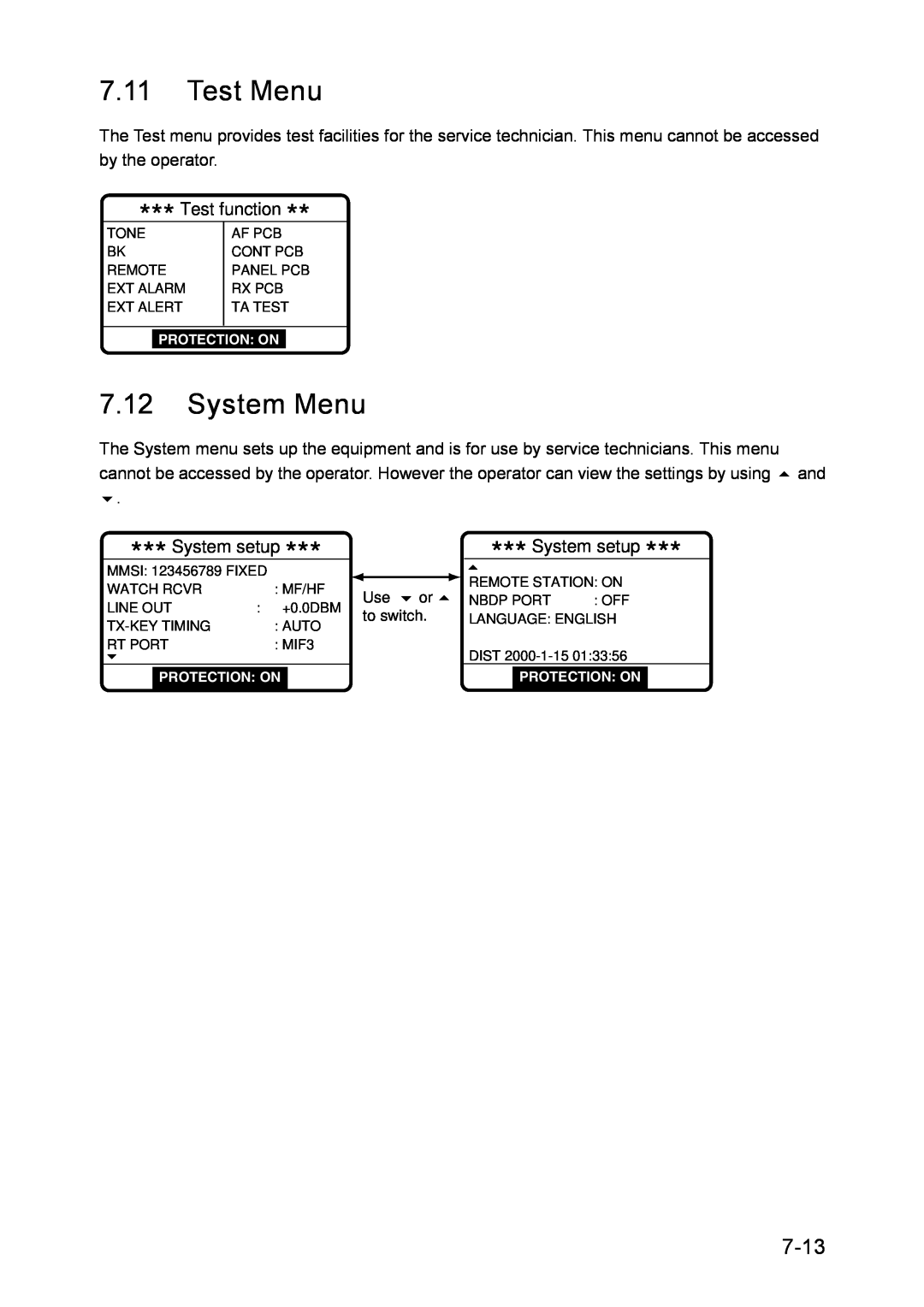 Furuno RC-1500-1T manual Test Menu, System Menu, 7-13, Test function, System setup 