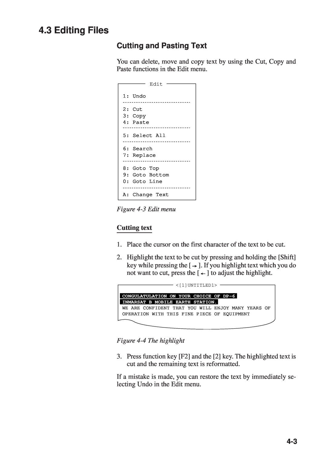 Furuno RC-1500-1T manual Editing Files, Cutting and Pasting Text, 3 Edit menu, Cutting text, 4 The highlight 