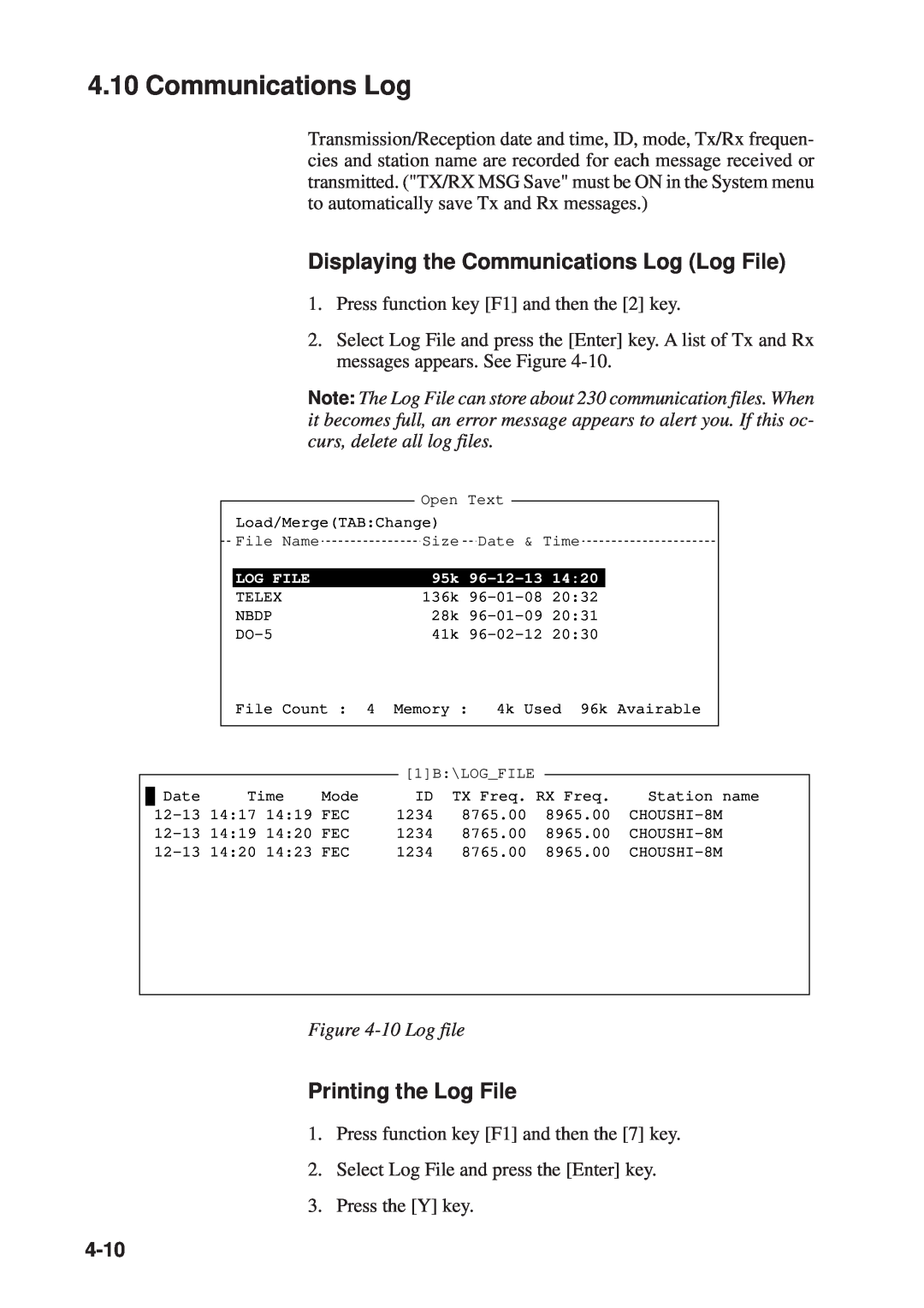 Furuno RC-1500-1T manual Displaying the Communications Log Log File, Printing the Log File, 10 Log file, 4-10 
