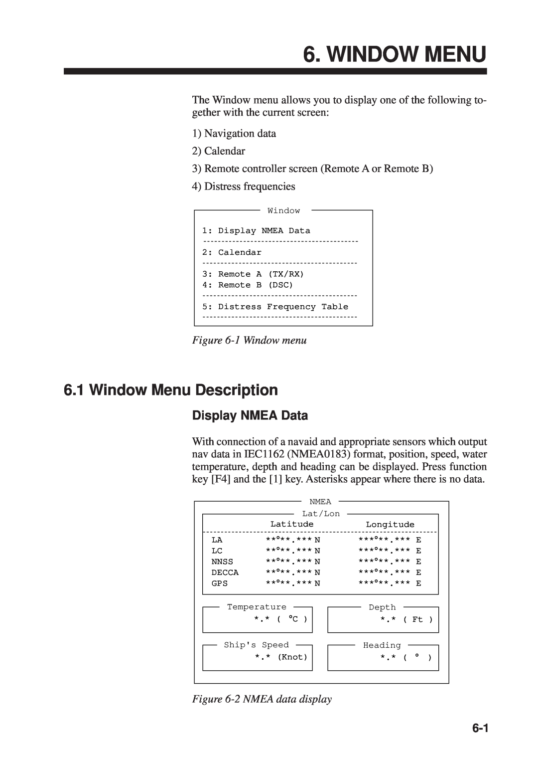 Furuno RC-1500-1T manual Window Menu Description, Display NMEA Data, 1 Window menu, 2 NMEA data display 