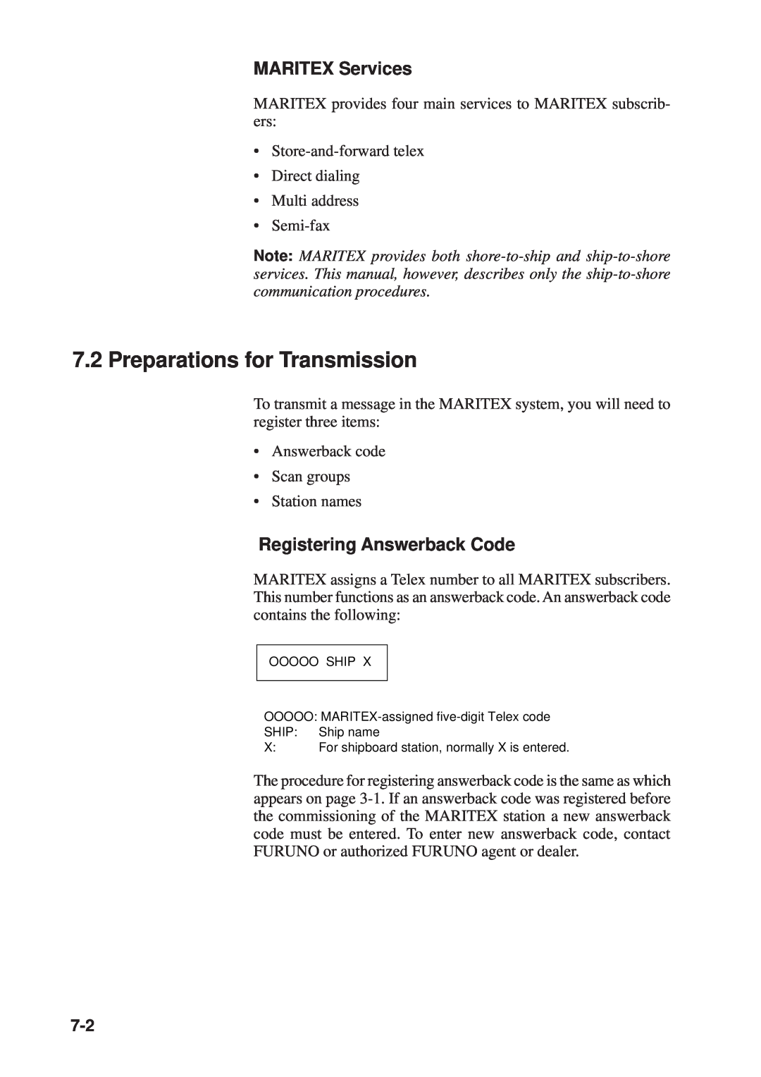 Furuno RC-1500-1T manual Preparations for Transmission, MARITEX Services, Registering Answerback Code 