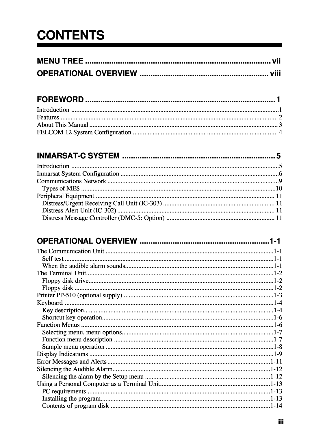 Furuno RC-1500-1T manual Contents, viii, Menu Tree, Operational Overview, Inmarsat-C System, Foreword 