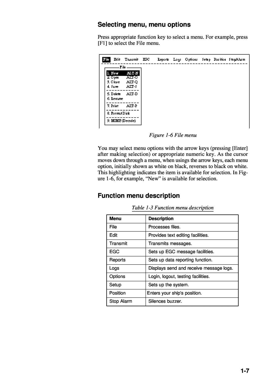 Furuno RC-1500-1T manual Selecting menu, menu options, 6 File menu, 3 Function menu description 
