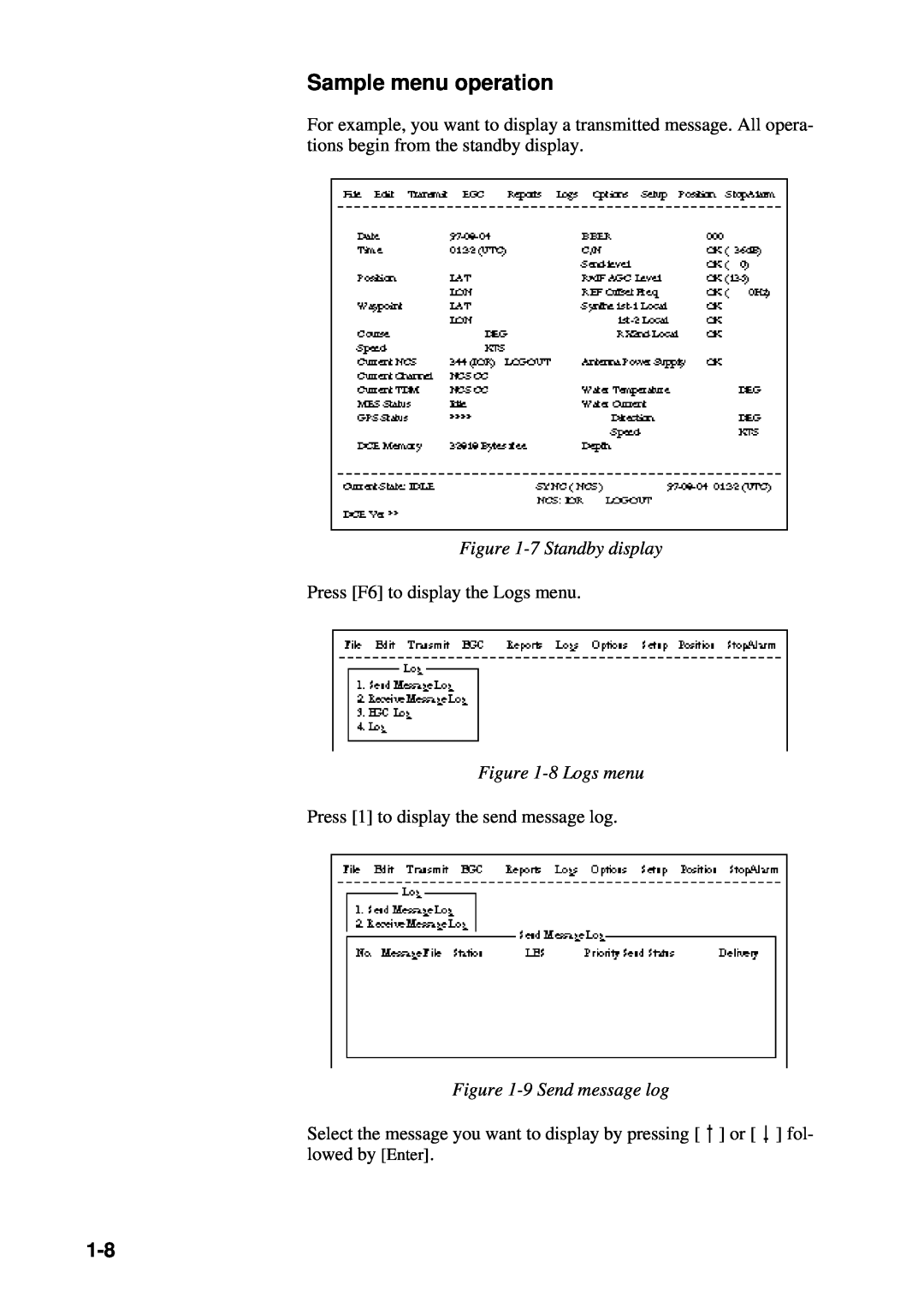 Furuno RC-1500-1T manual Sample menu operation, 7 Standby display, Press F6 to display the Logs menu, 8 Logs menu 