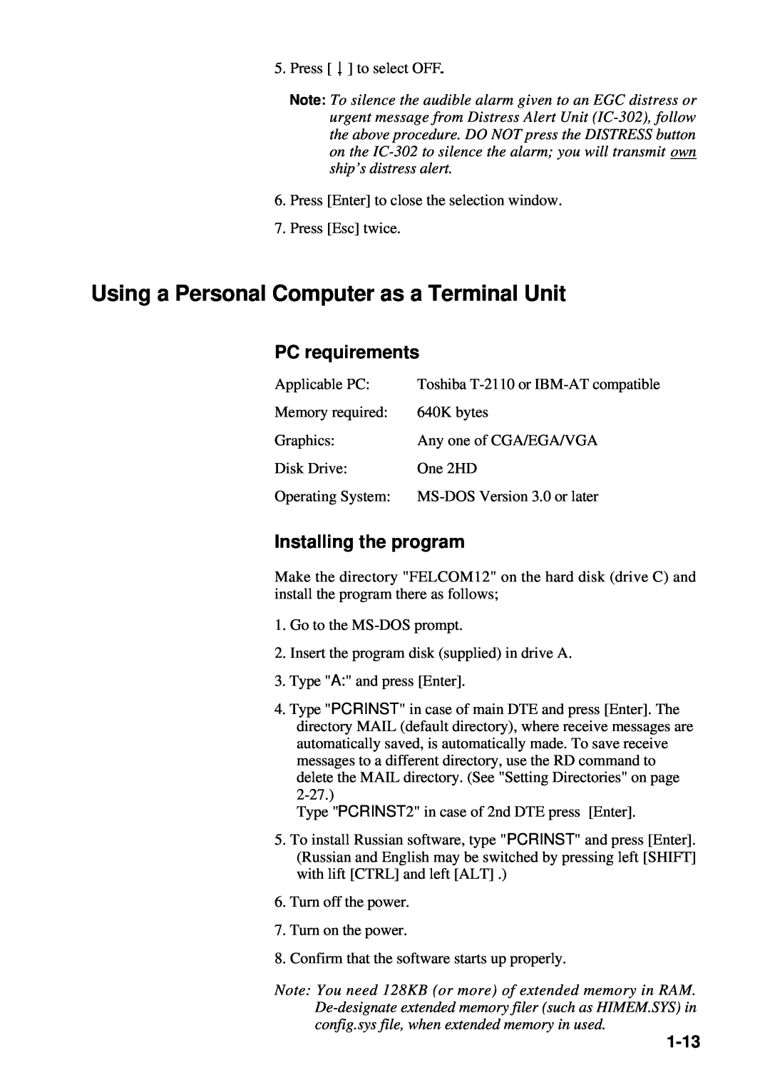 Furuno RC-1500-1T manual Using a Personal Computer as a Terminal Unit, PC requirements, Installing the program, 1-13 