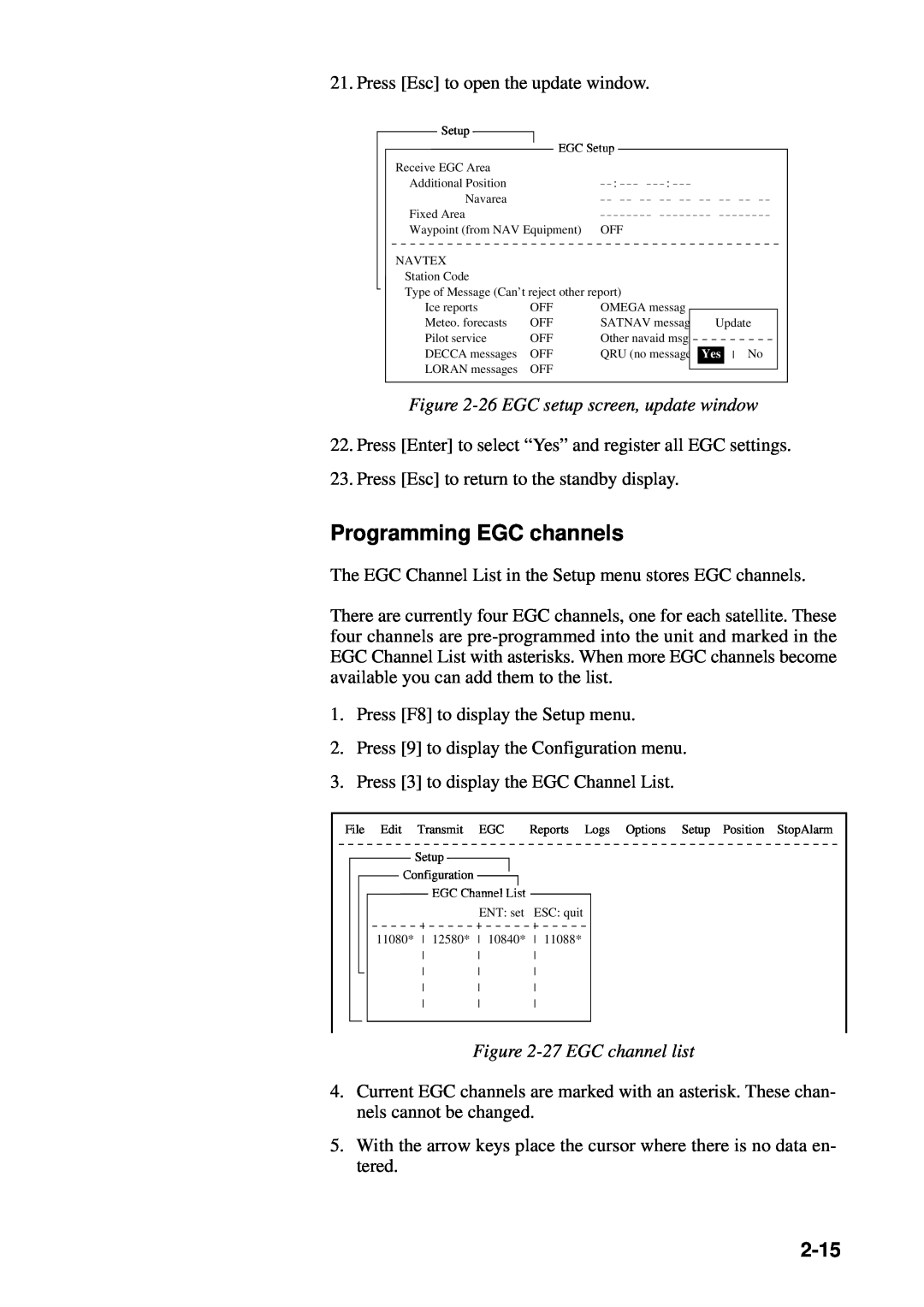 Furuno RC-1500-1T manual Programming EGC channels, 2-15, 26 EGC setup screen, update window, 27 EGC channel list 