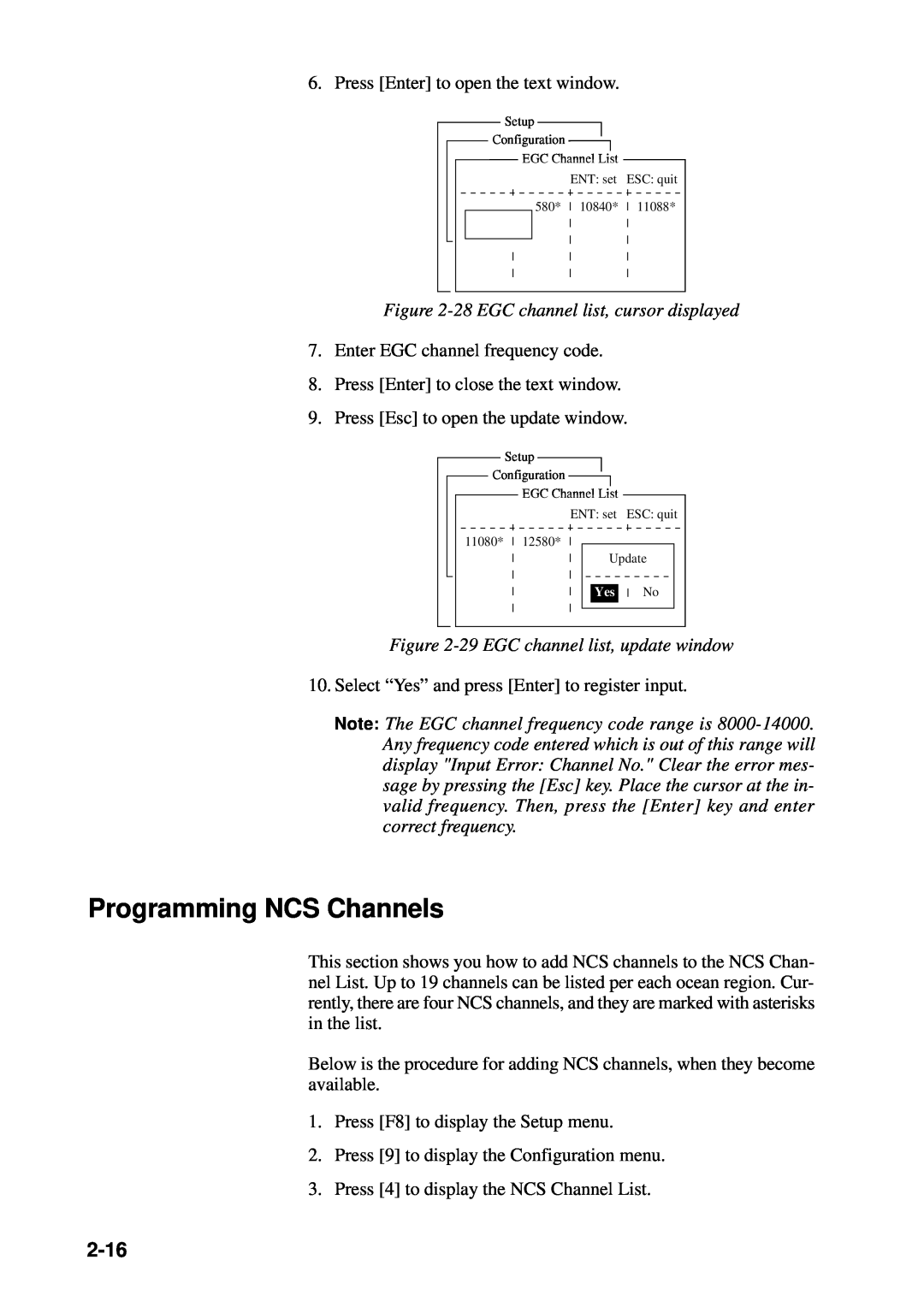 Furuno RC-1500-1T manual Programming NCS Channels, 2-16, 28 EGC channel list, cursor displayed 