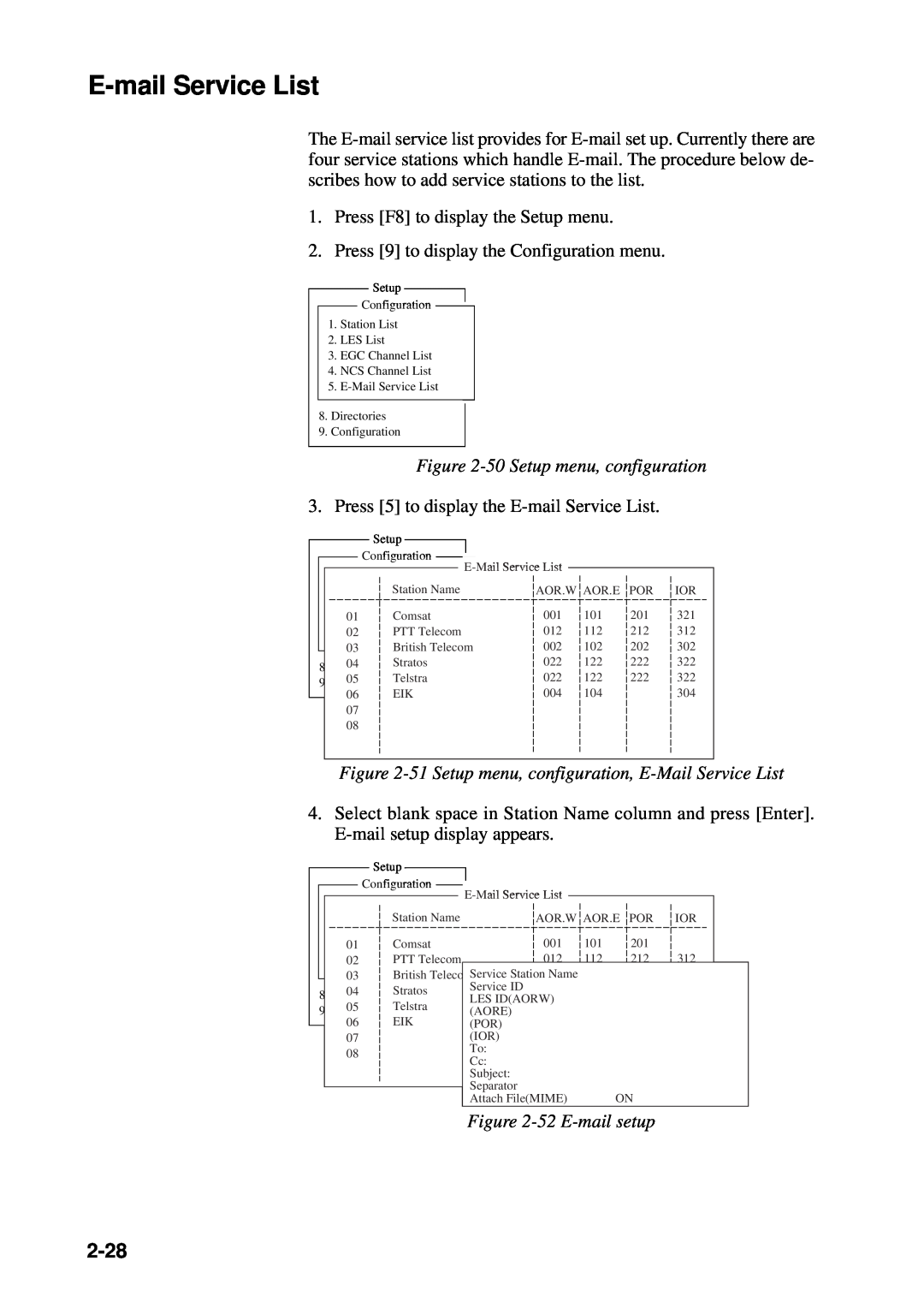 Furuno RC-1500-1T manual E-mail Service List, 2-28, 50 Setup menu, configuration, 52 E-mail setup 
