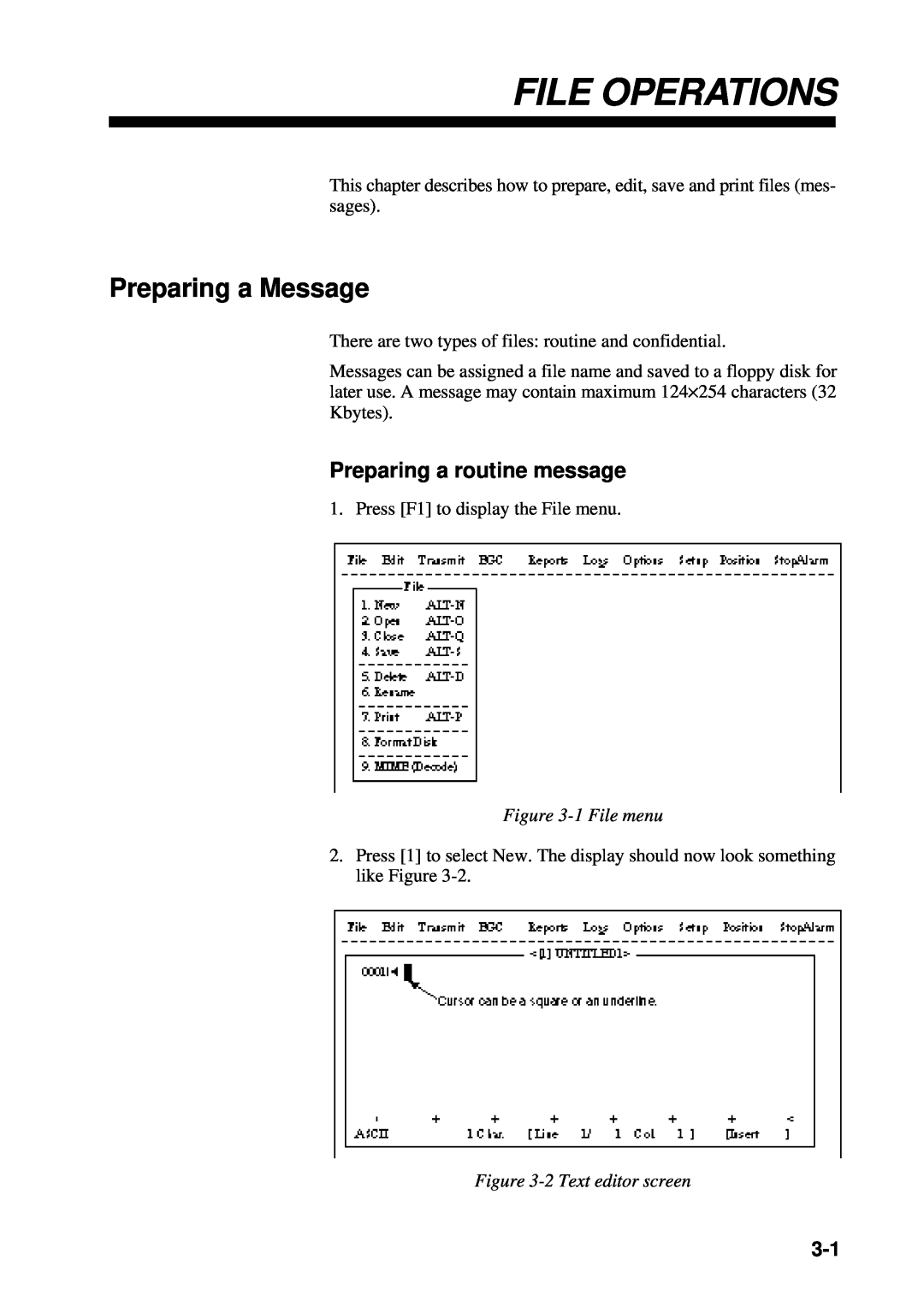 Furuno RC-1500-1T File Operations, Preparing a Message, Preparing a routine message, 1 File menu, 2 Text editor screen 