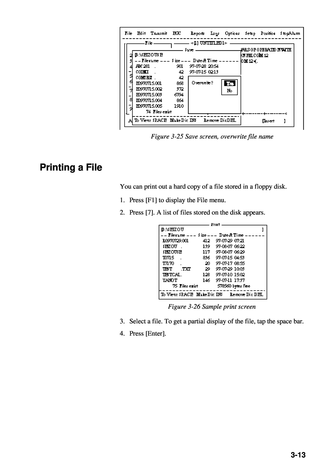 Furuno RC-1500-1T manual Printing a File, 3-13, 25 Save screen, overwrite file name, 26 Sample print screen 