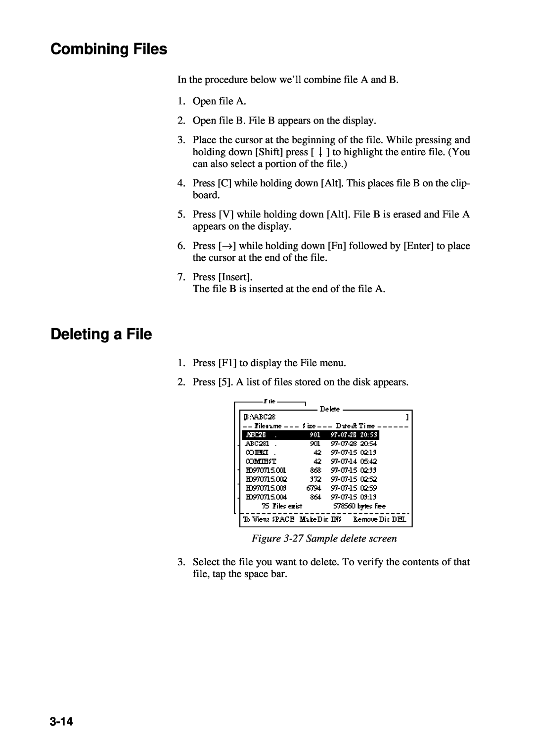 Furuno RC-1500-1T manual Combining Files, Deleting a File, 3-14, 27 Sample delete screen 