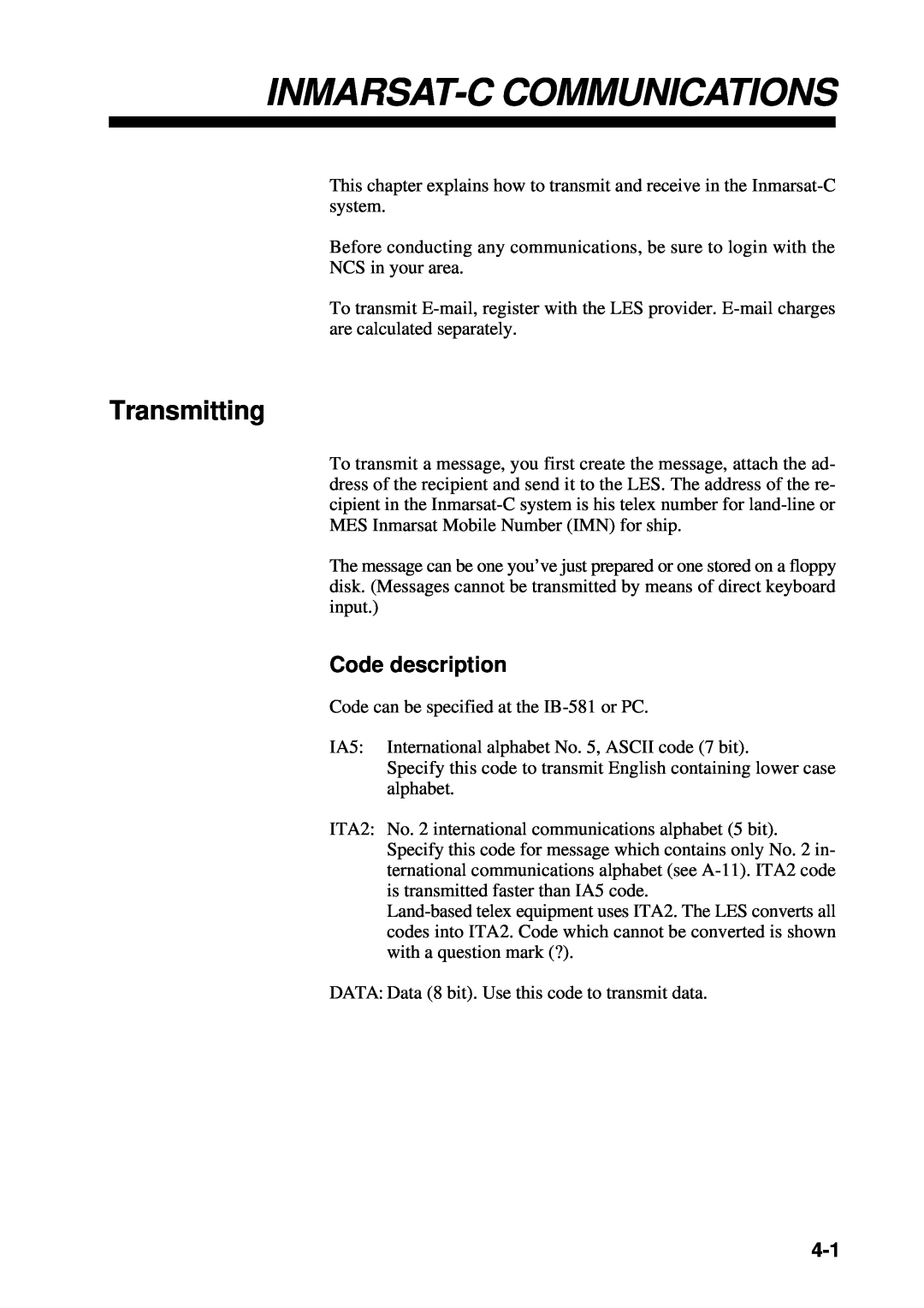 Furuno RC-1500-1T manual Inmarsat-C Communications, Transmitting, Code description 