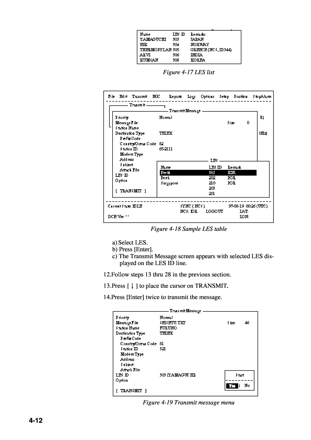 Furuno RC-1500-1T manual 4-12, 17 LES list -18 Sample LES table, a Select LES b Press Enter, 19 Transmit message menu 