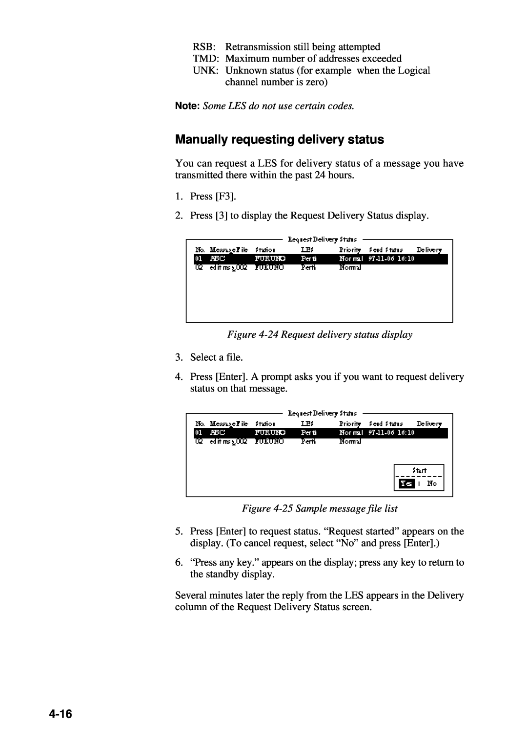 Furuno RC-1500-1T manual Manually requesting delivery status, 4-16, Note Some LES do not use certain codes 