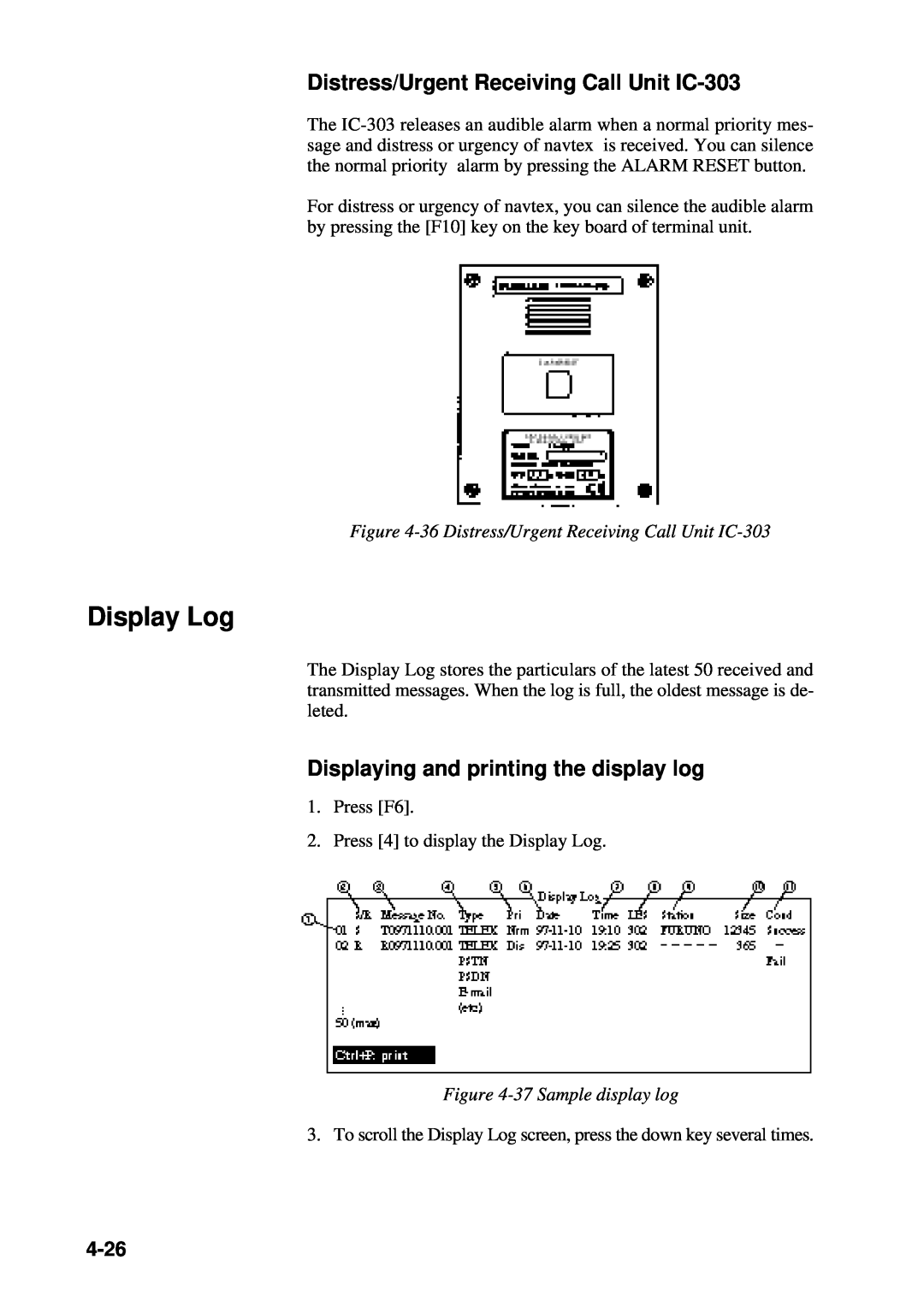 Furuno RC-1500-1T Display Log, Distress/Urgent Receiving Call Unit IC-303, Displaying and printing the display log, 4-26 