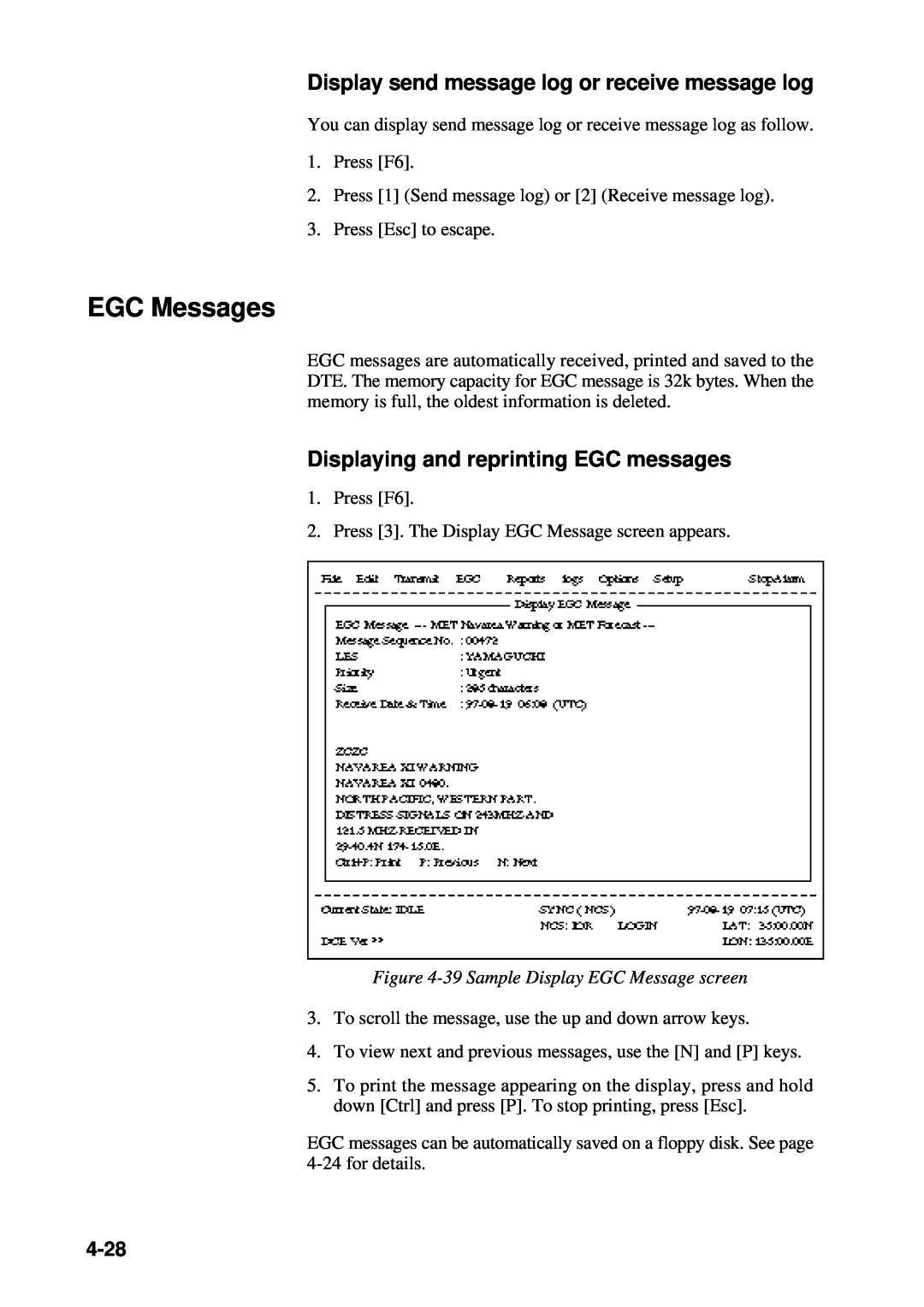 Furuno RC-1500-1T EGC Messages, Display send message log or receive message log, Displaying and reprinting EGC messages 
