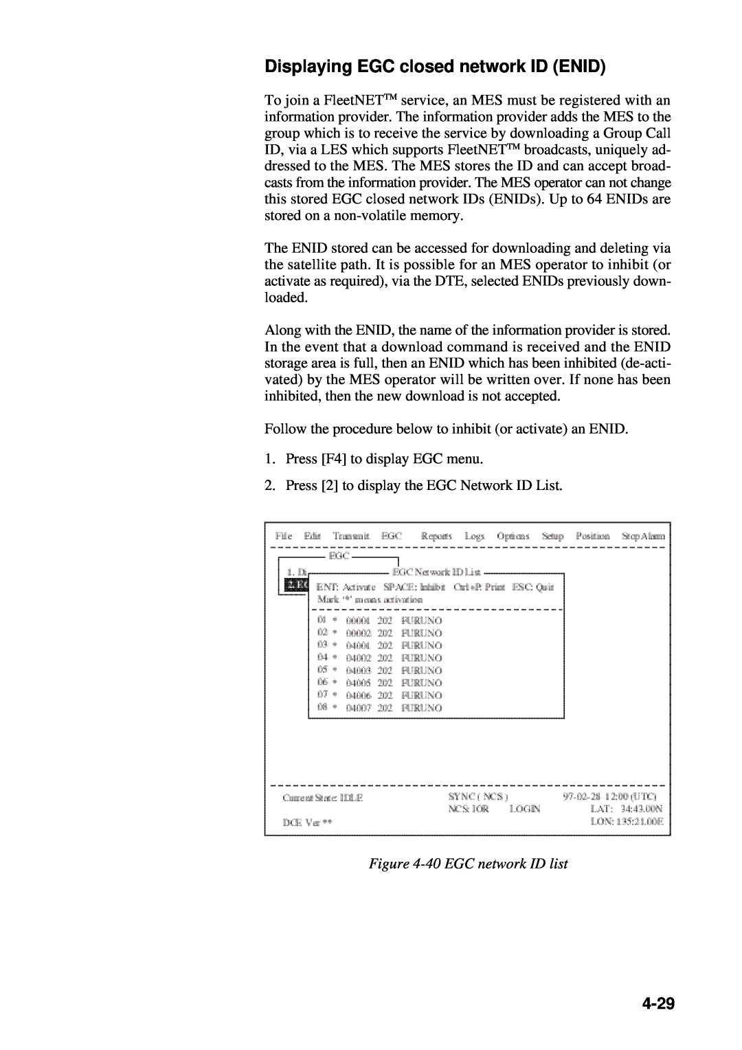 Furuno RC-1500-1T manual Displaying EGC closed network ID ENID, 4-29, 40 EGC network ID list 