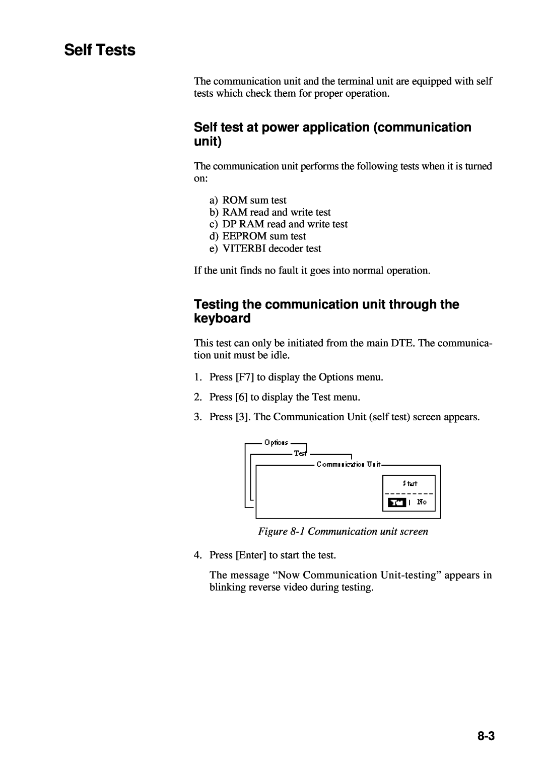 Furuno RC-1500-1T manual Self Tests, Self test at power application communication unit, 1 Communication unit screen 