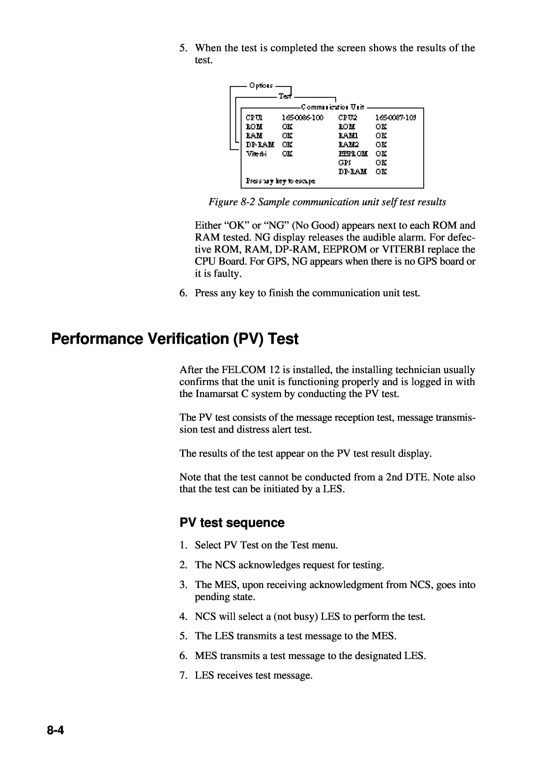 Furuno RC-1500-1T manual Performance Verification PV Test, PV test sequence, 2 Sample communication unit self test results 