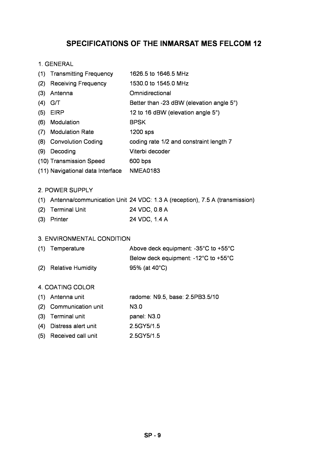 Furuno RC-1500-1T manual Specifications Of The Inmarsat Mes Felcom 