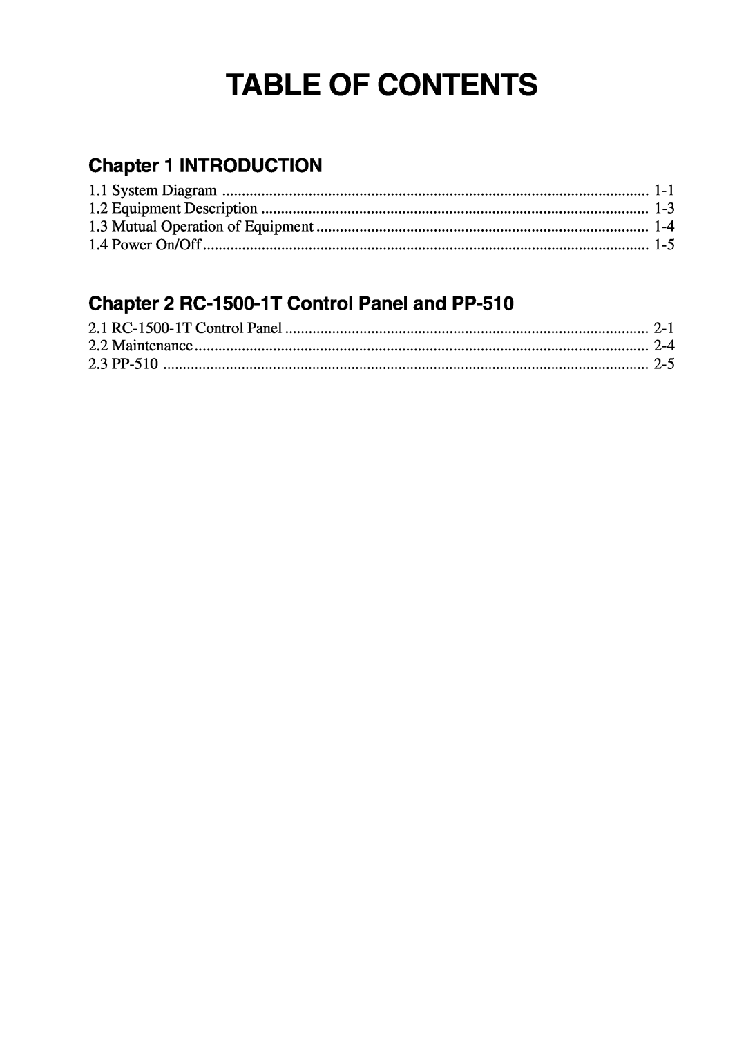 Furuno manual Introduction, RC-1500-1T Control Panel and PP-510, Table Of Contents 