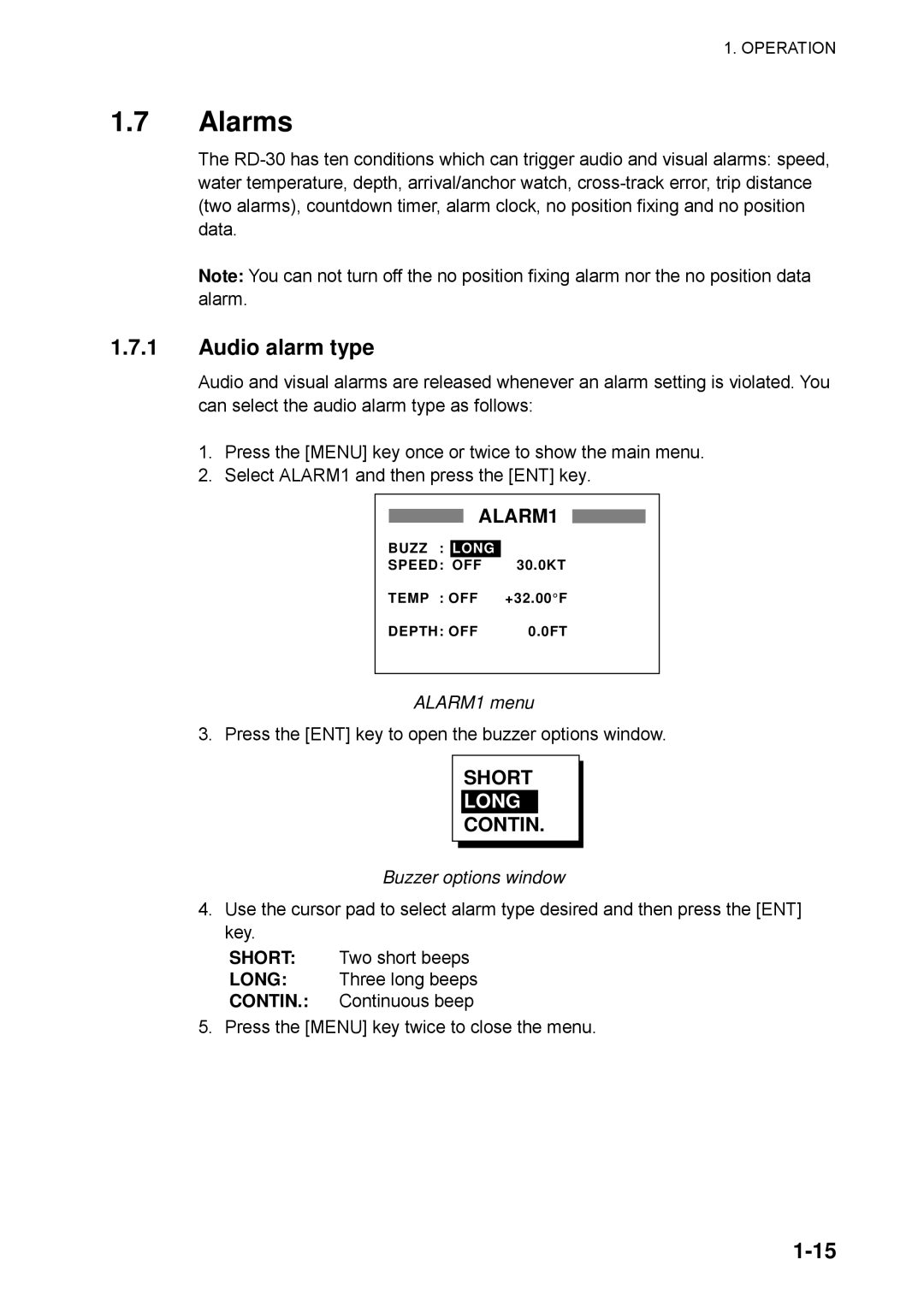 Furuno RD-30 manual Alarms, Audio alarm type, ALARM1 menu, Buzzer options window 