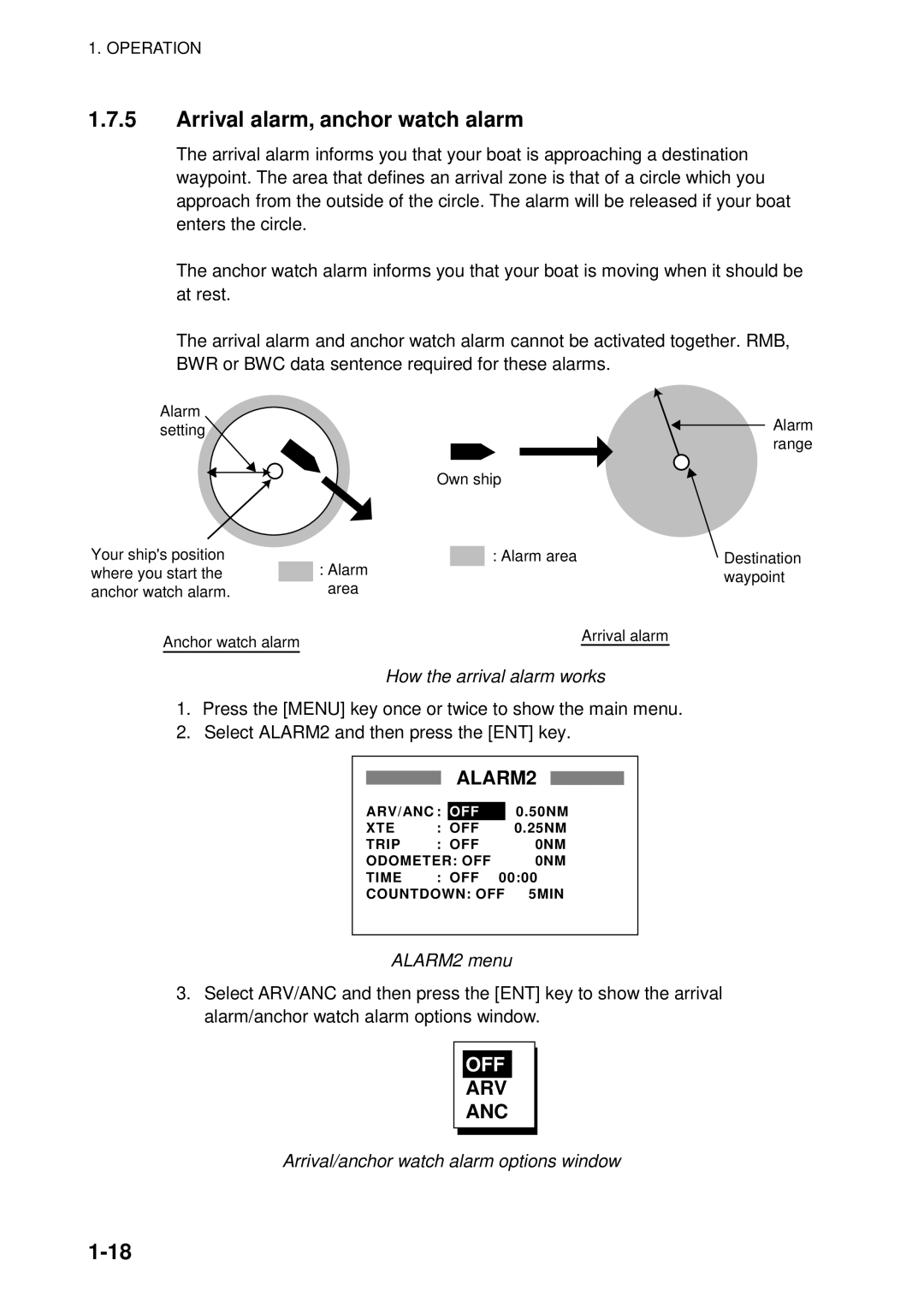 Furuno RD-30 manual Arrival alarm, anchor watch alarm 
