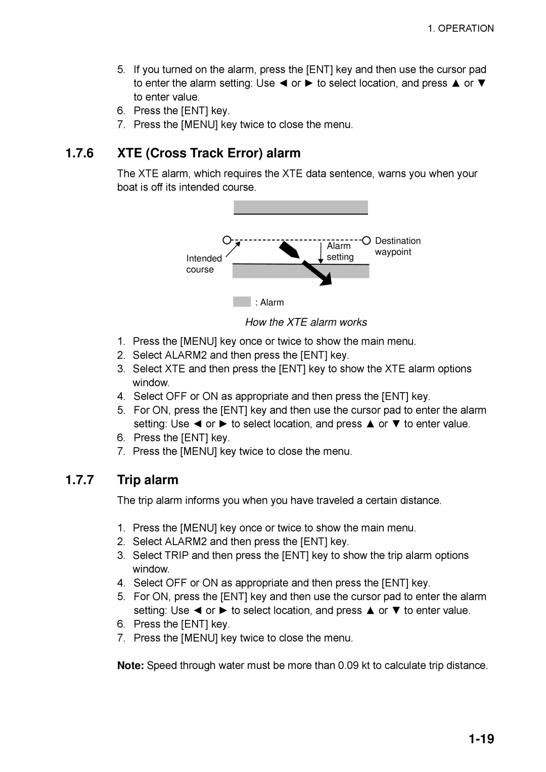 Furuno RD-30 manual XTE Cross Track Error alarm, Trip alarm, How the XTE alarm works 