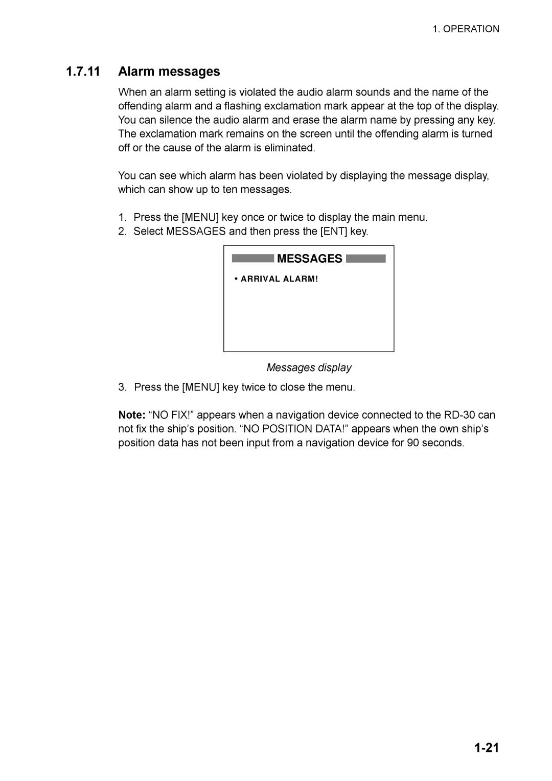 Furuno RD-30 manual Alarm messages, Messages display 