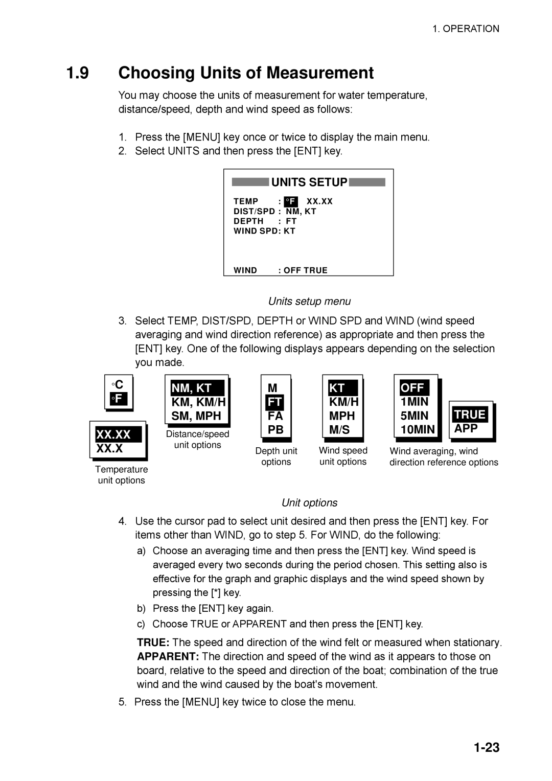 Furuno RD-30 manual Choosing Units of Measurement, Km, Km/H, Units setup menu, Unit options 