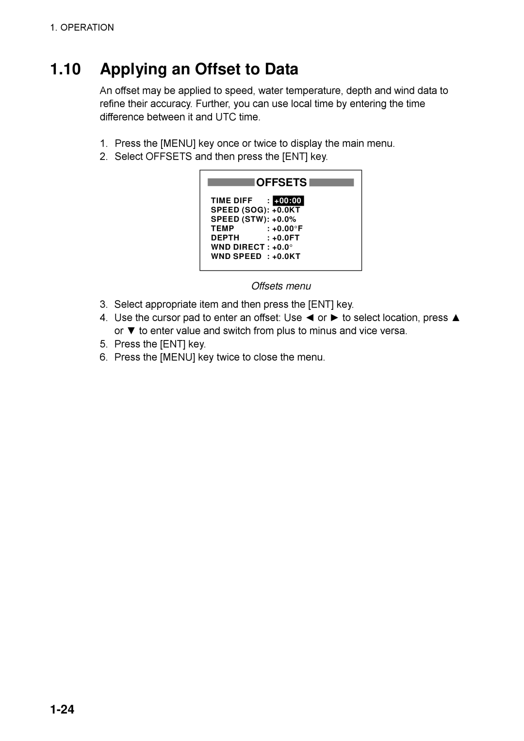 Furuno RD-30 manual Applying an Offset to Data, Offsets menu 