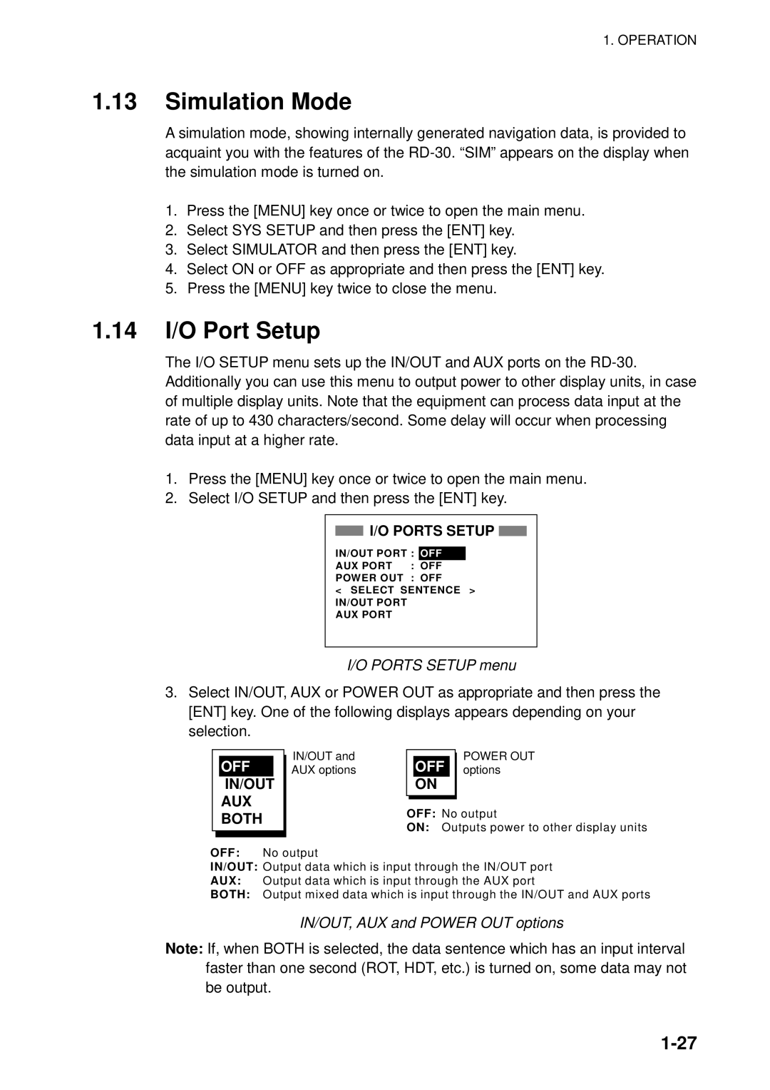 Furuno RD-30 manual Simulation Mode, 14 I/O Port Setup, Ports Setup menu, IN/OUT, AUX and Power OUT options 