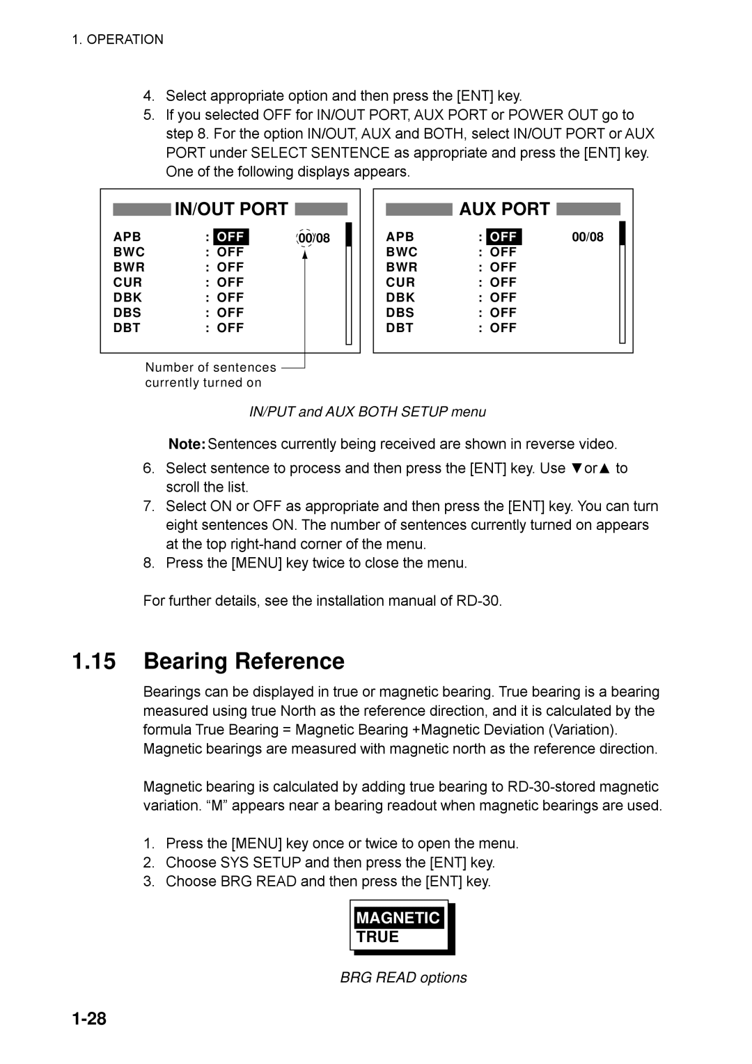 Furuno RD-30 manual Bearing Reference, True, IN/PUT and AUX Both Setup menu, BRG Read options 