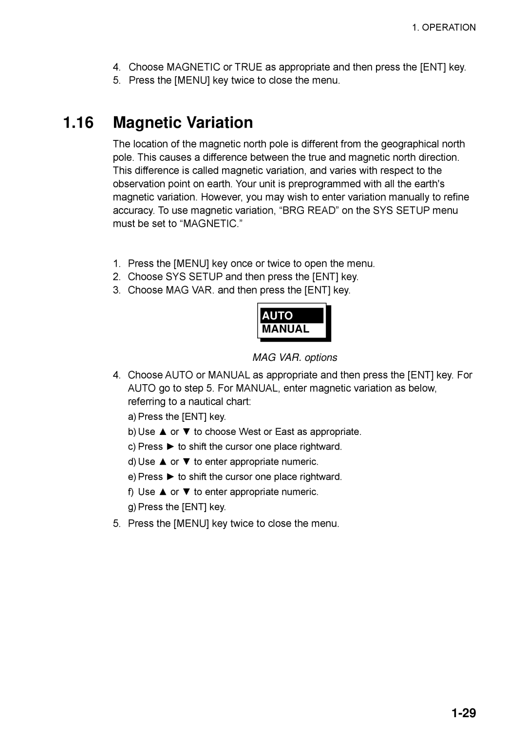 Furuno RD-30 manual Magnetic Variation, Manual, MAG VAR. options 